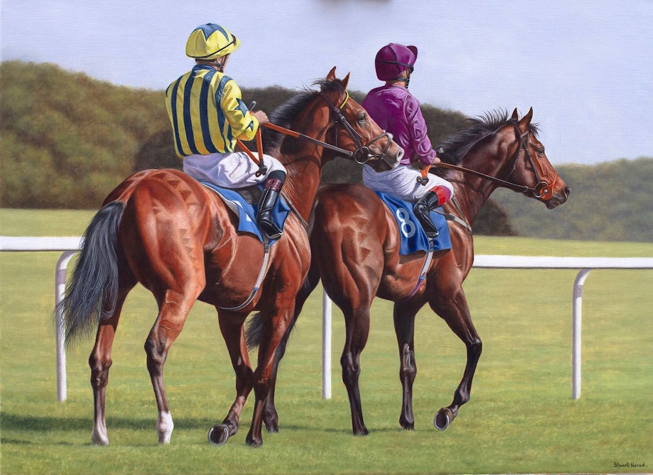 A painting of two jockeys on horses racing in a race.