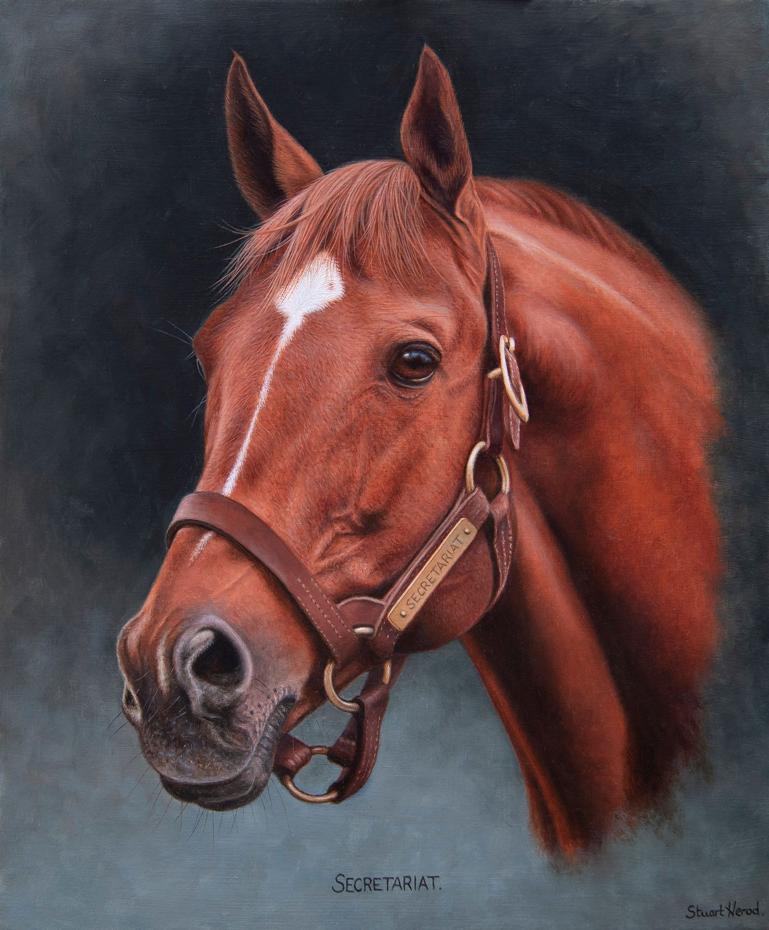 A painting of a brown horse with a bridle.
