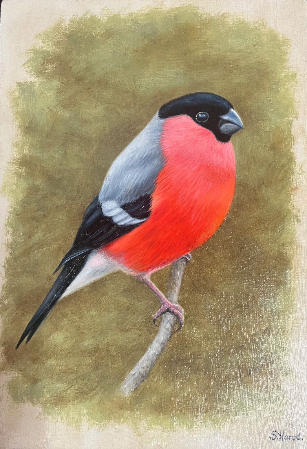 A painting of a bird sitting on a branch.