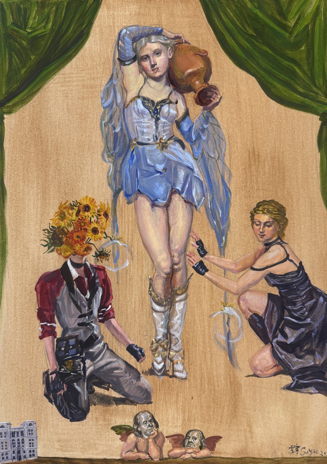 A surreal stage scene featuring a winged figure in blue, flanked by two kneeling figures and small cherub heads at the bottom.