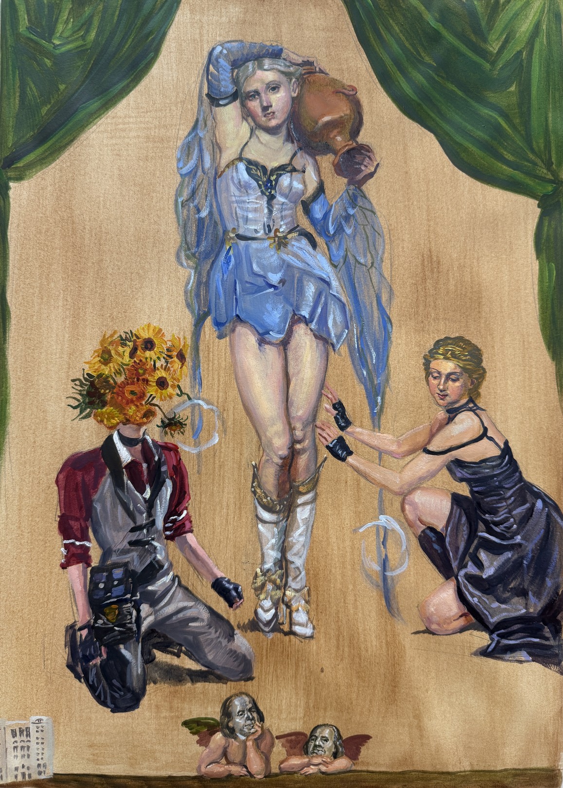 A surreal stage scene featuring a winged figure in blue, flanked by two kneeling figures and small cherub heads at the bottom.