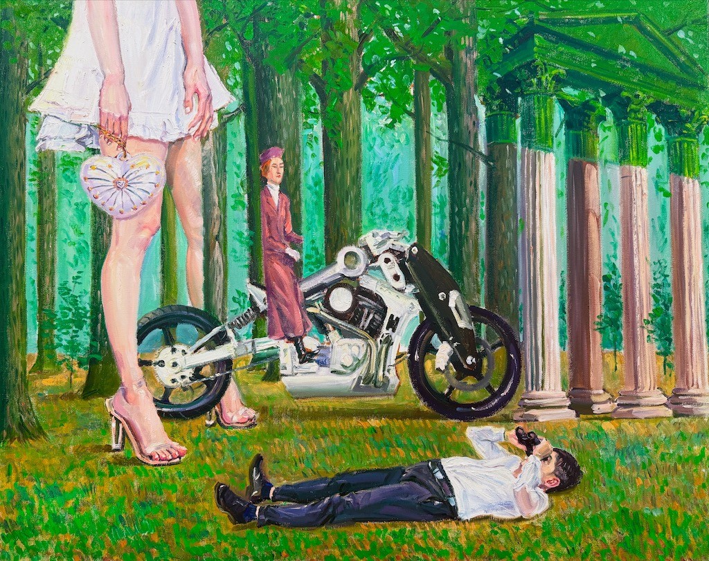 A surreal outdoor scene blending classical architecture, a motorcycle, and figures in a vibrant green landscape.