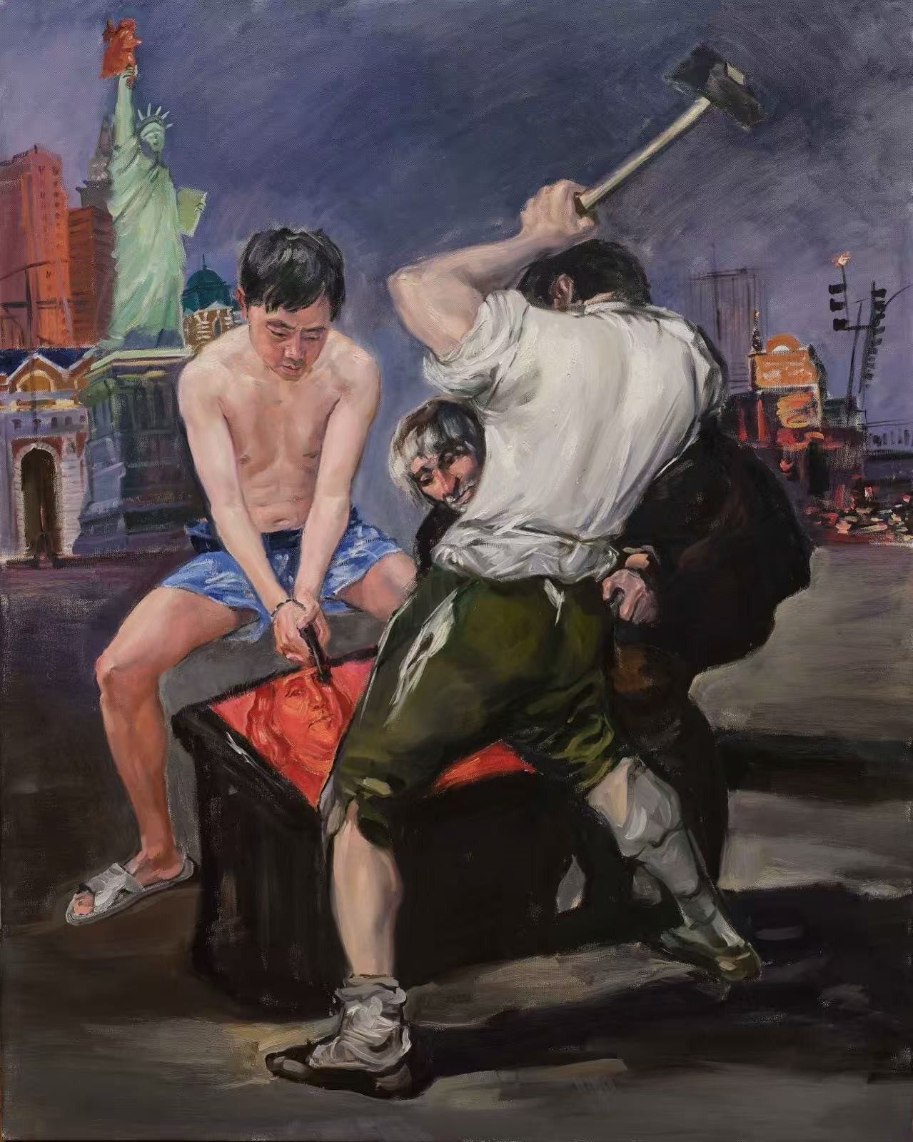 A violent street scene depicts two figures attacking a third while iconic landmarks loom in the background.
