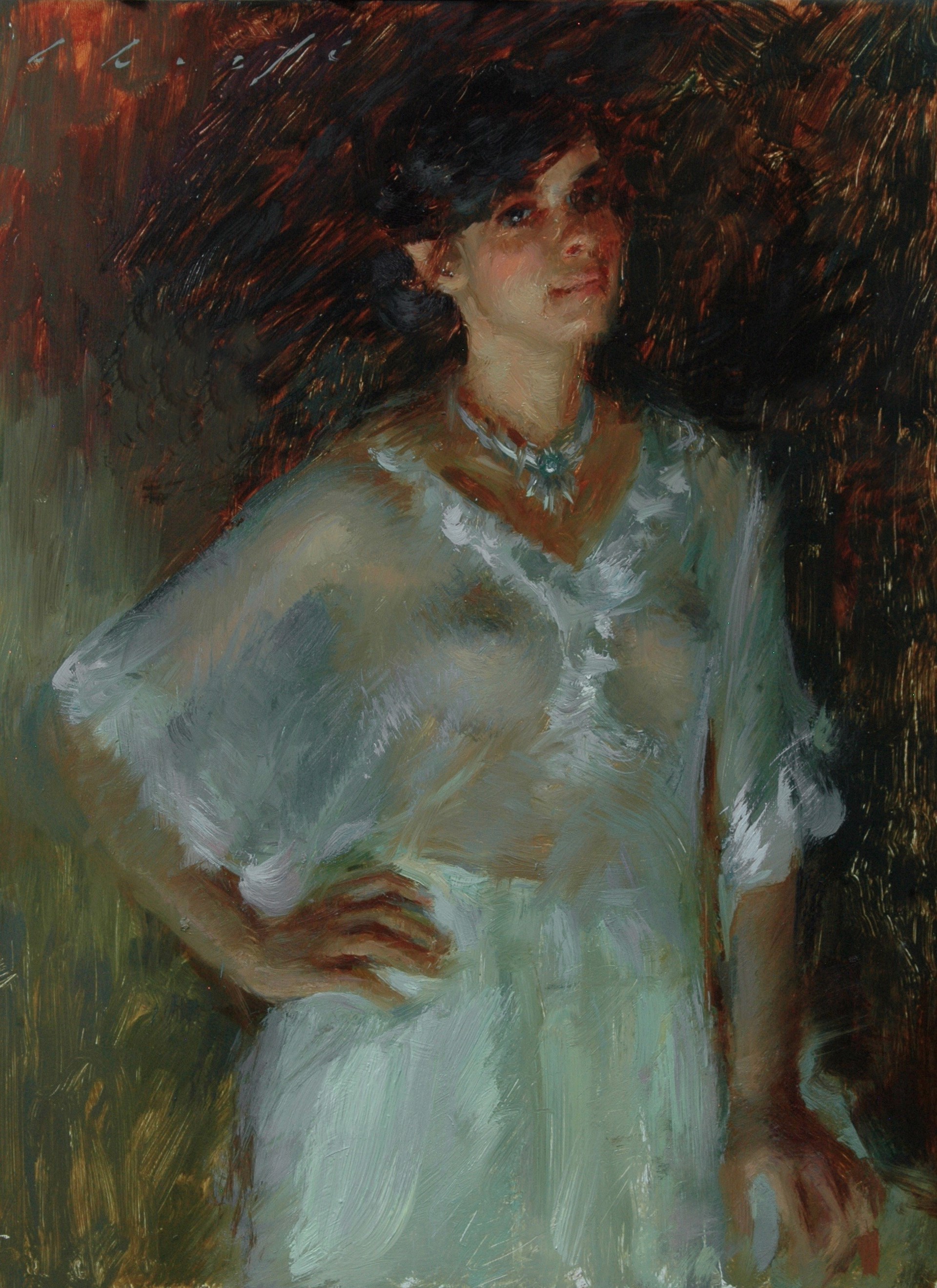 A painting of a woman in a white dress.