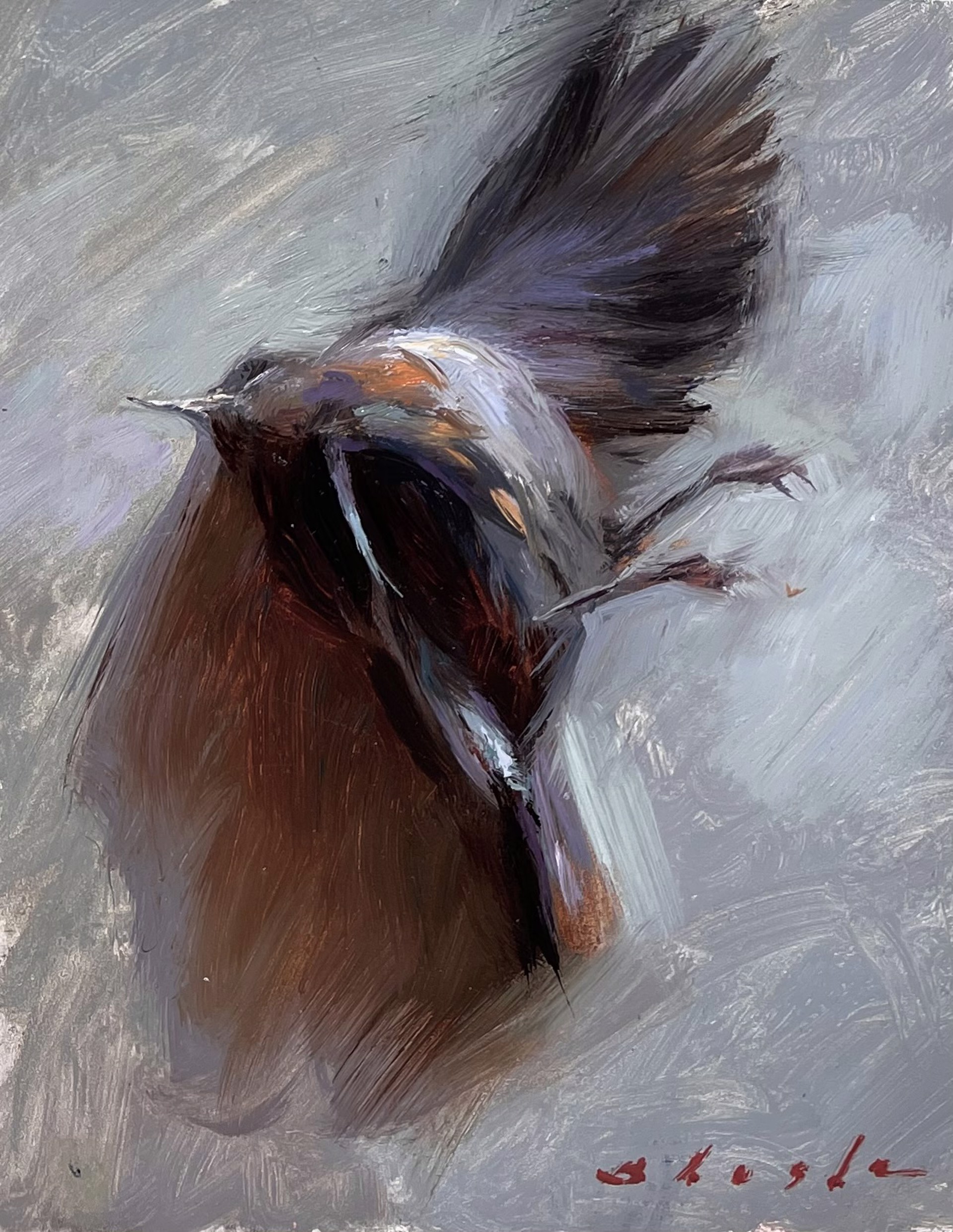 A painting of a bird flying through the air.