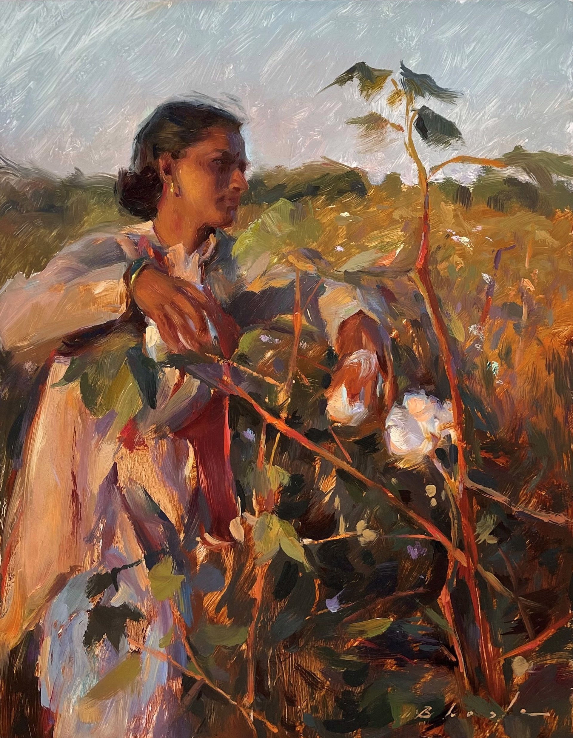 A painterly portrait of a person in a field, reaching for cotton.
