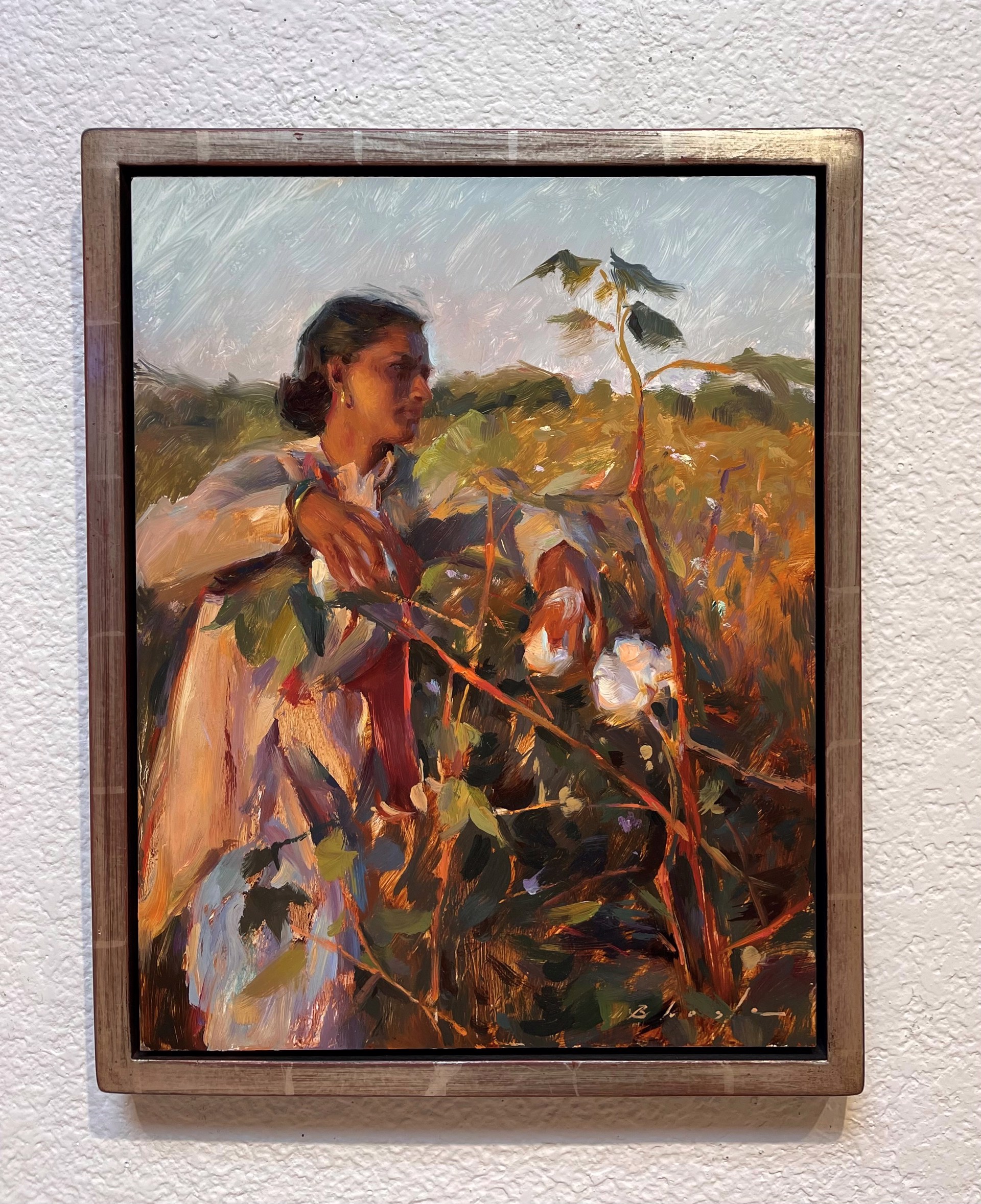 A painterly portrait of a person in a field, reaching for cotton.