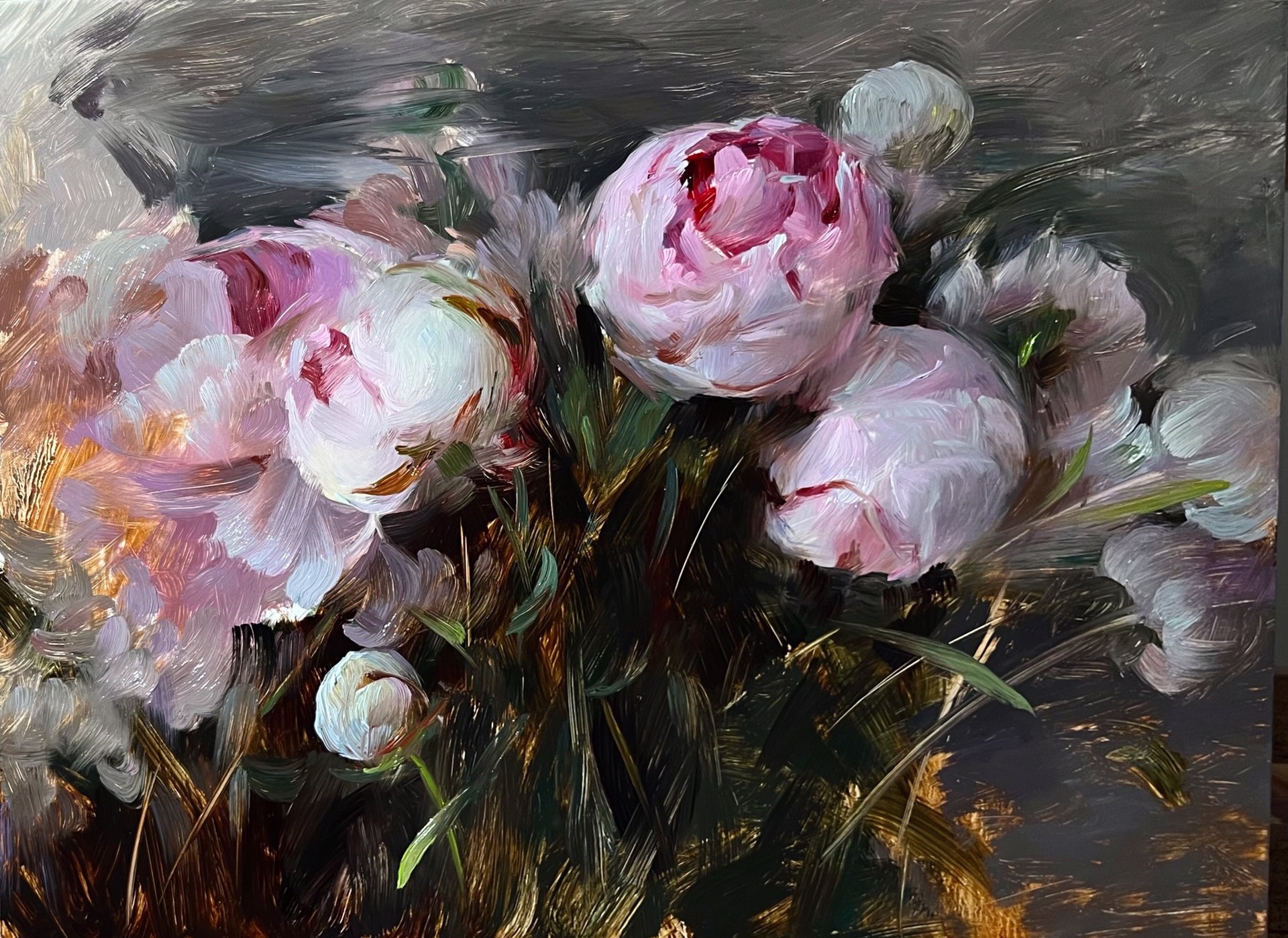 A painting of pink and white flowers on a black background.