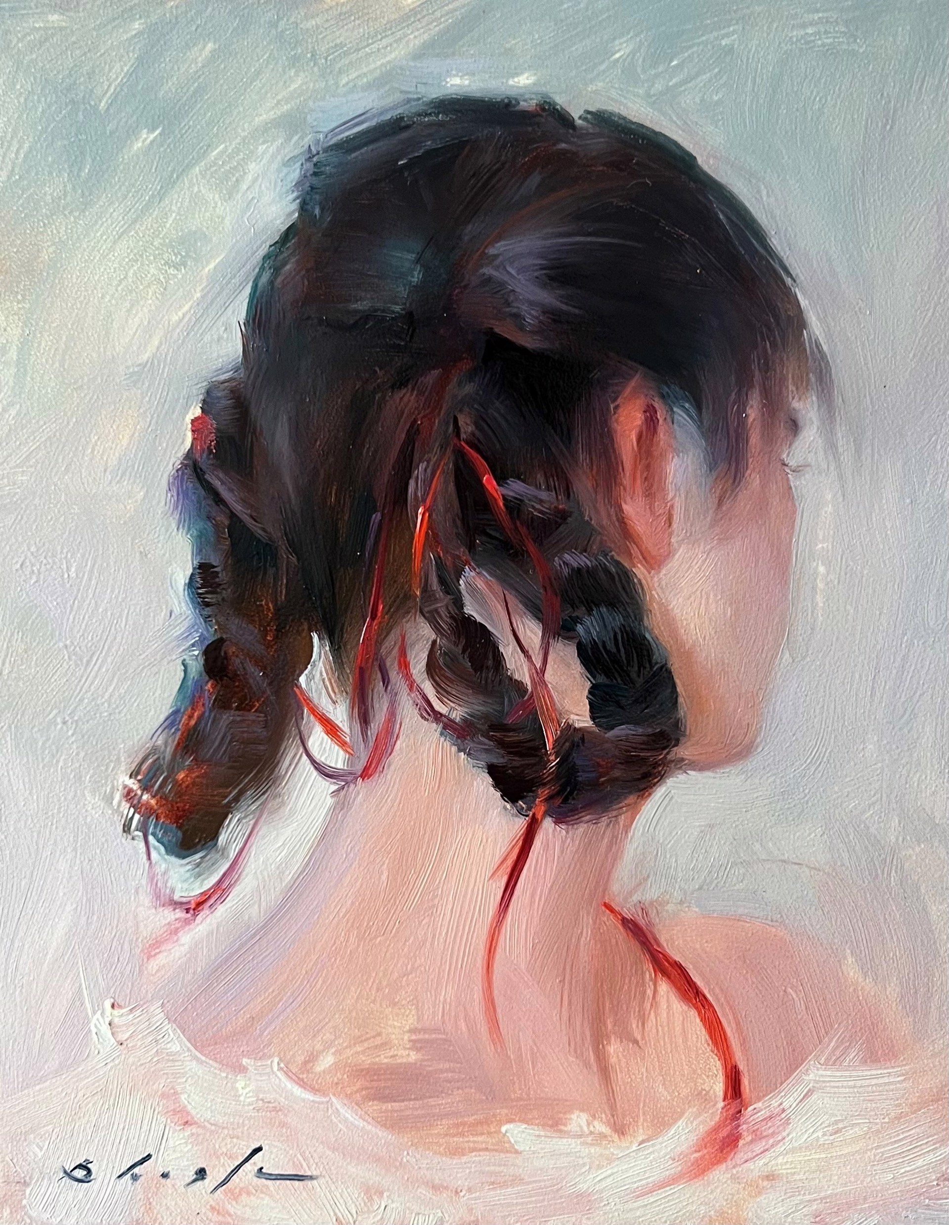 A painting of a woman with her hair in a braid.