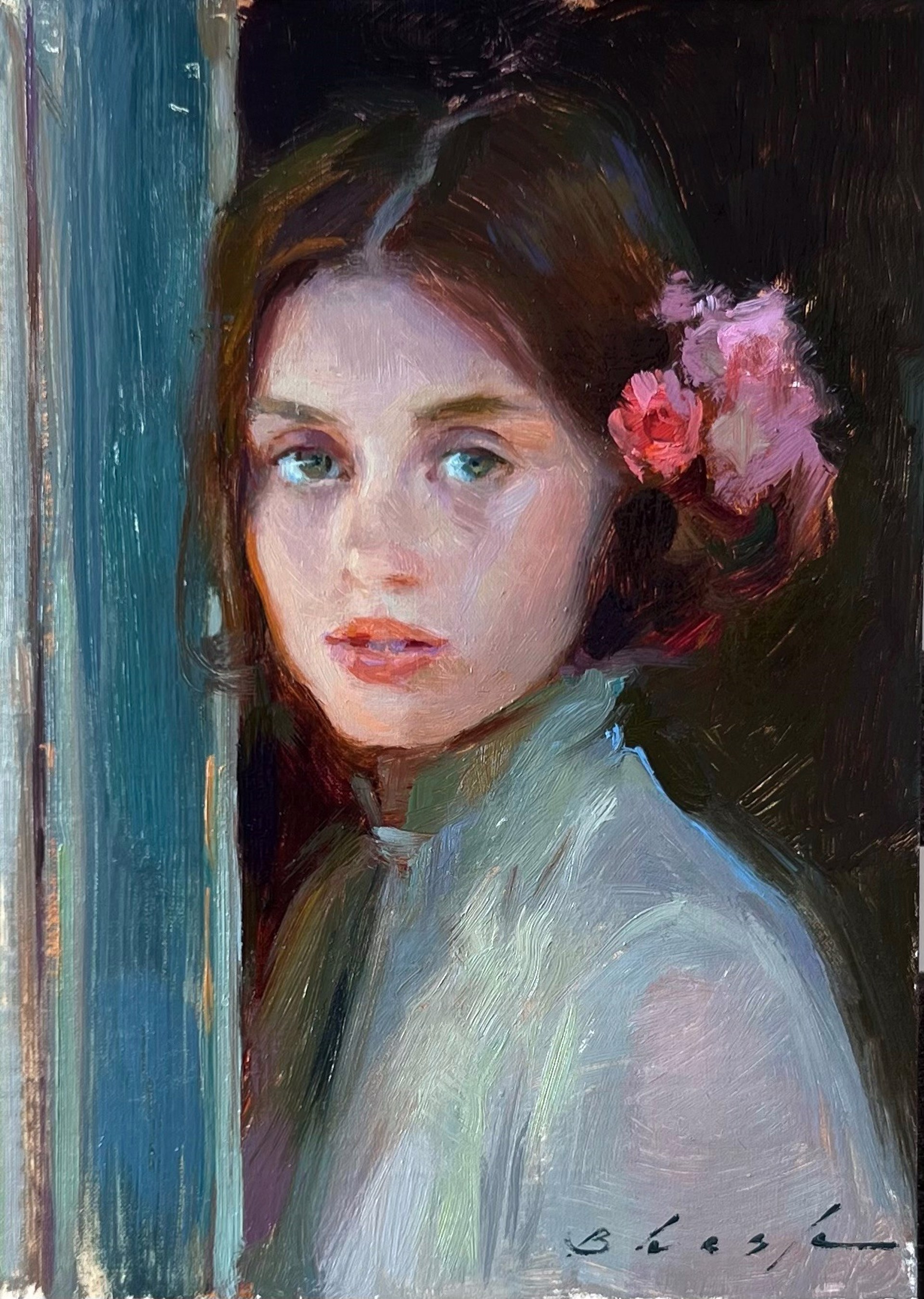 A painting of a woman with a flower in her hair.