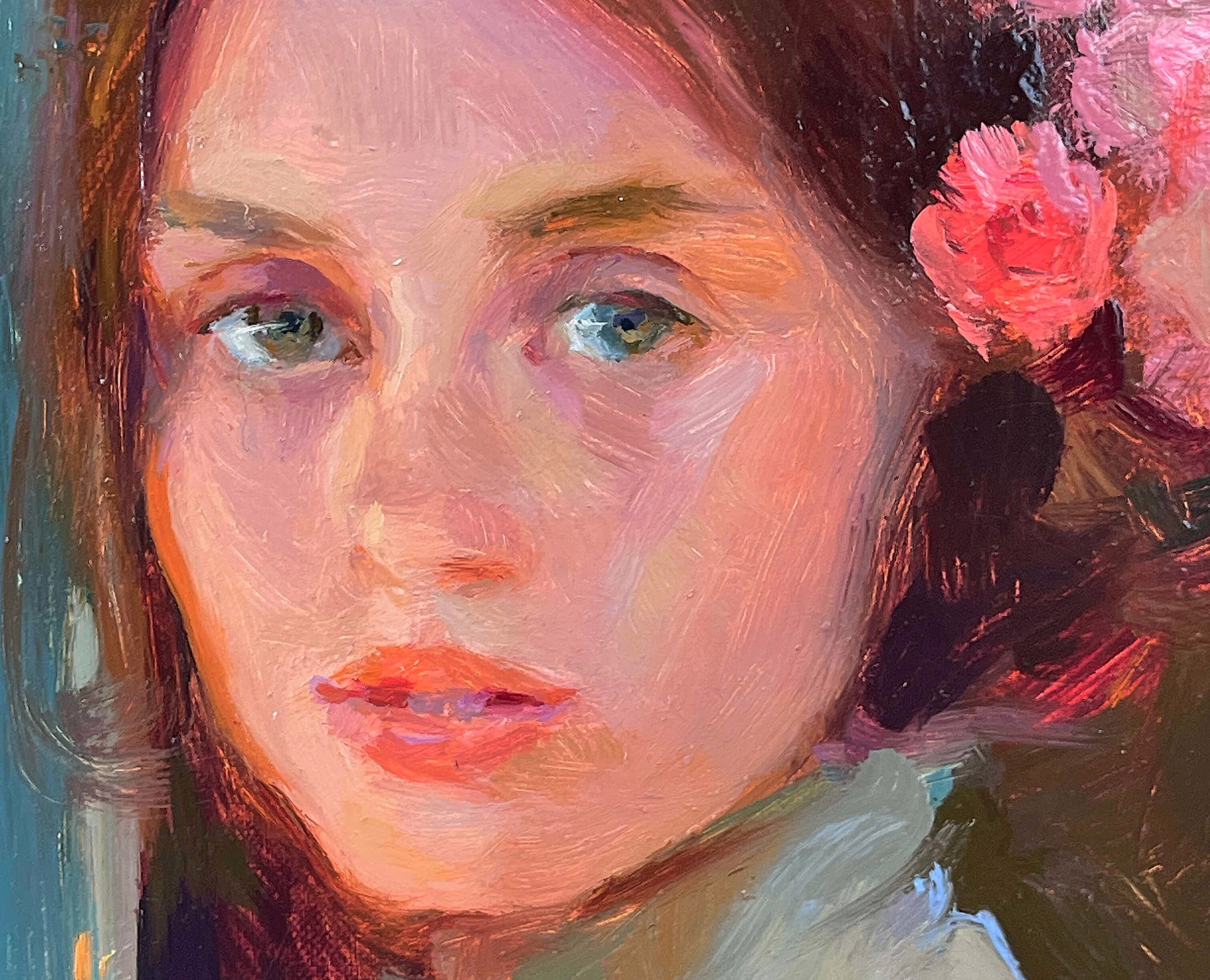 A painting of a woman with a flower in her hair.