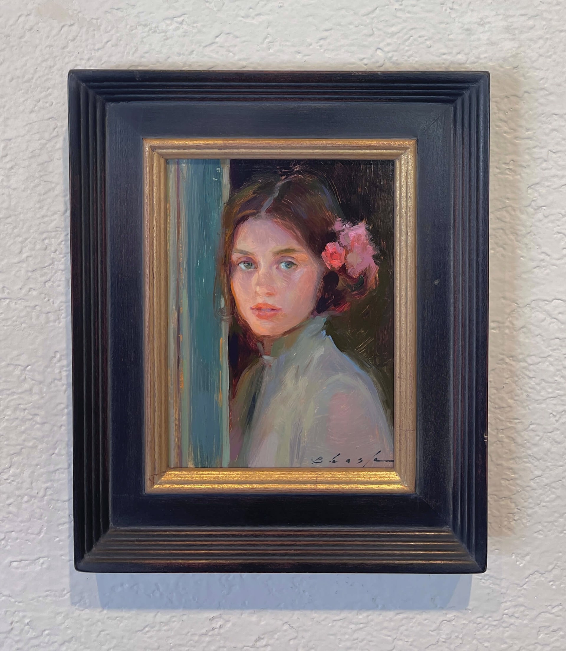 A painting of a woman with a flower in her hair.