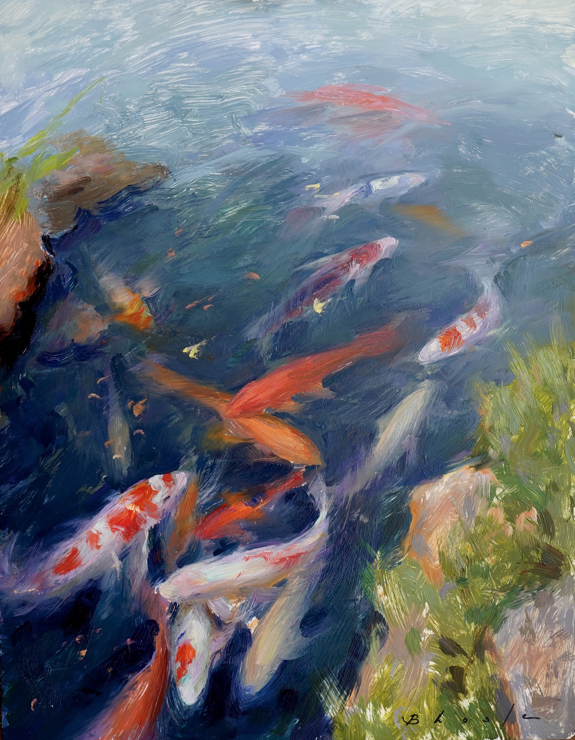 A vibrant oil painting of koi fish swimming in a pond.