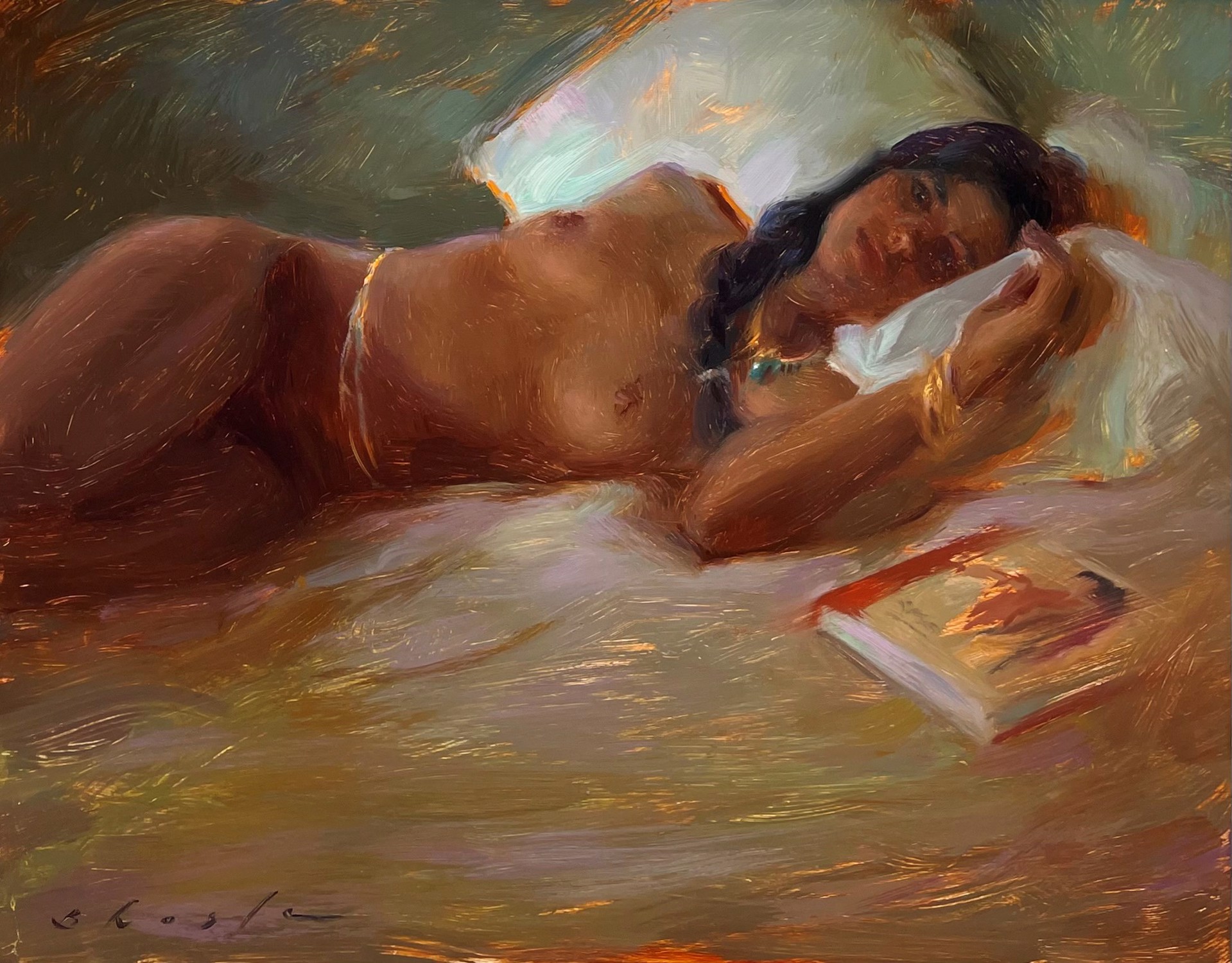 A painting of a woman laying on a bed reading a book.