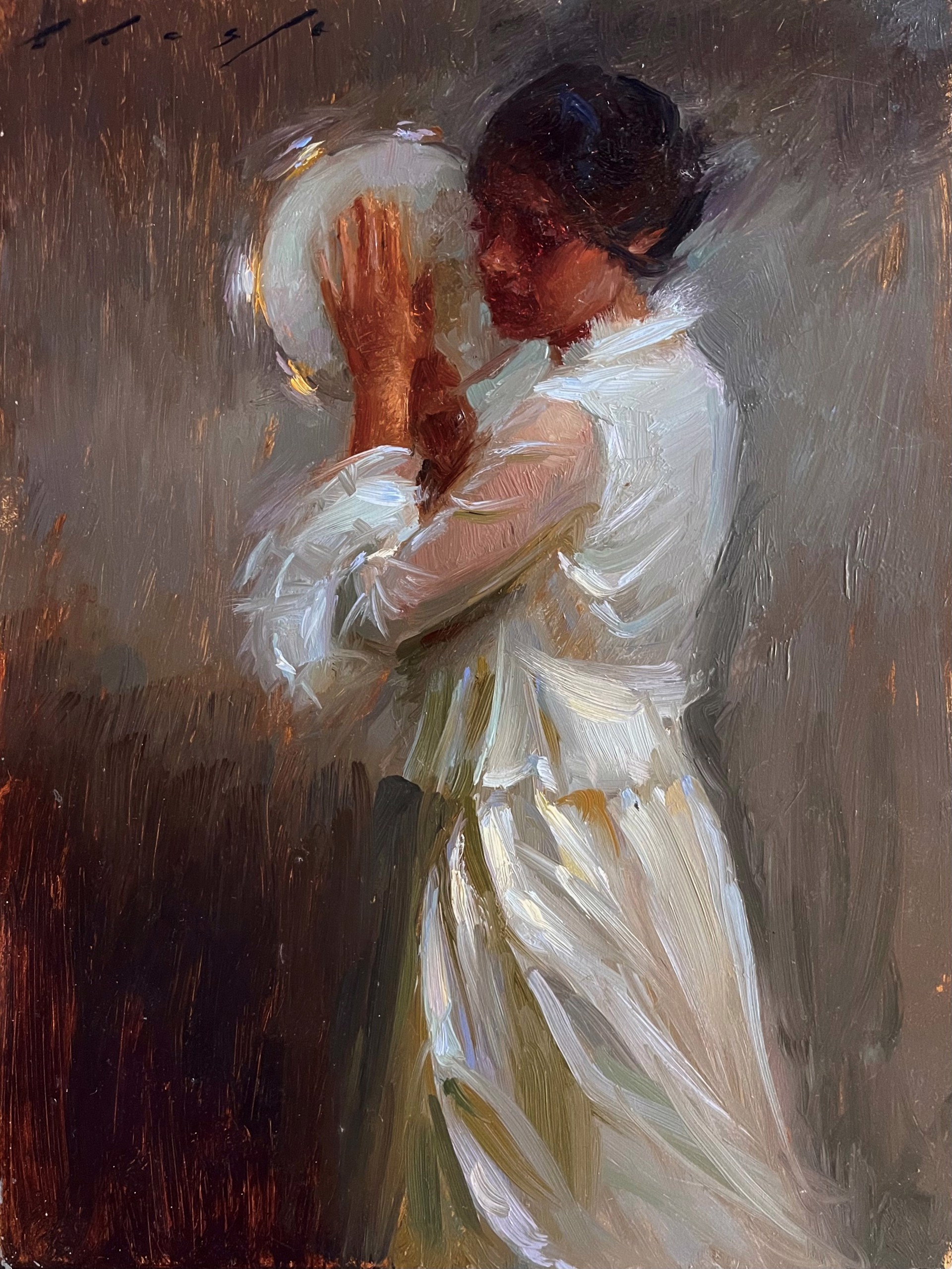 A figure in white holds a glowing orb against a moody, textured background.