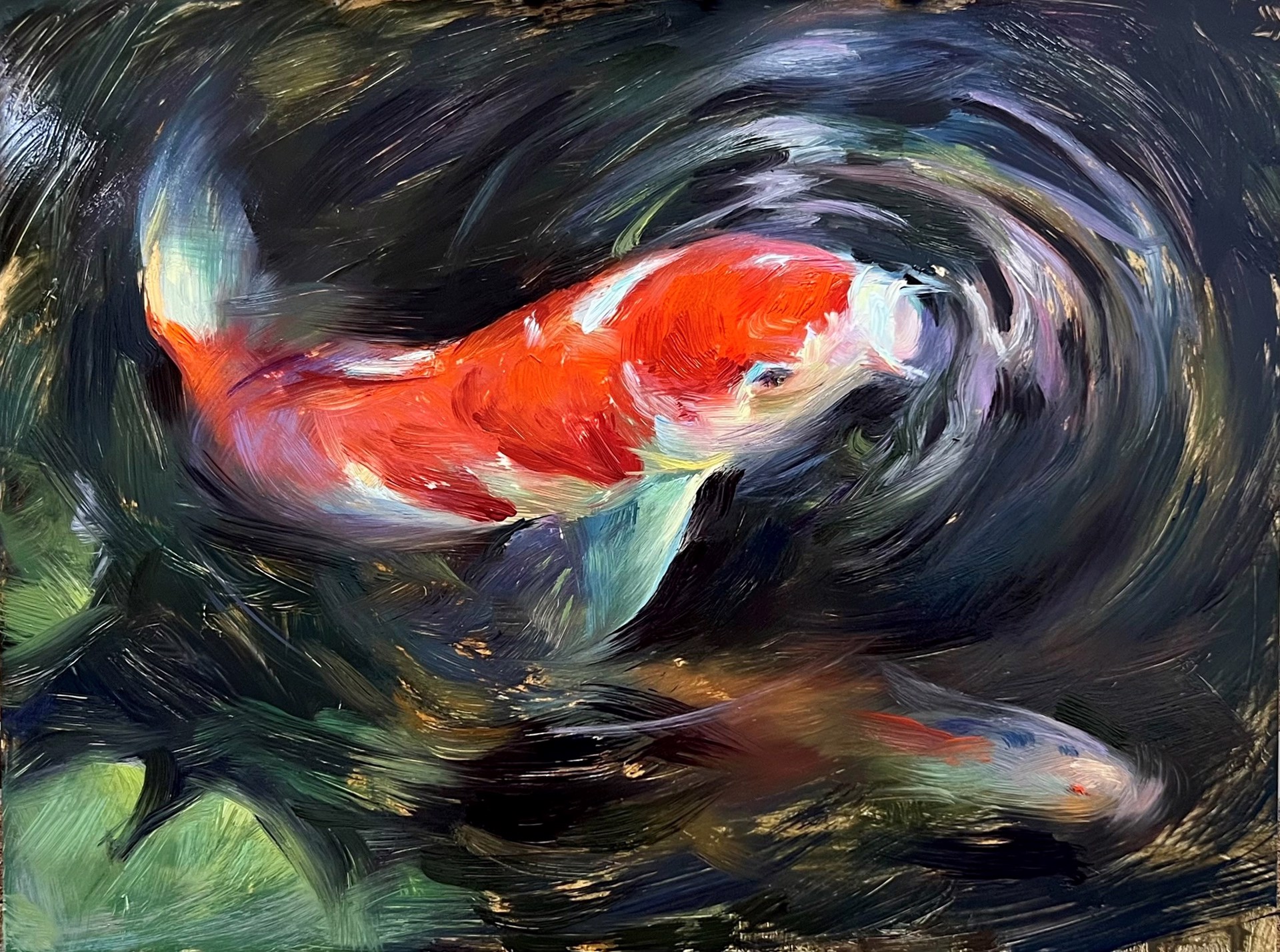 A painting of two koi fish swimming in a pond.