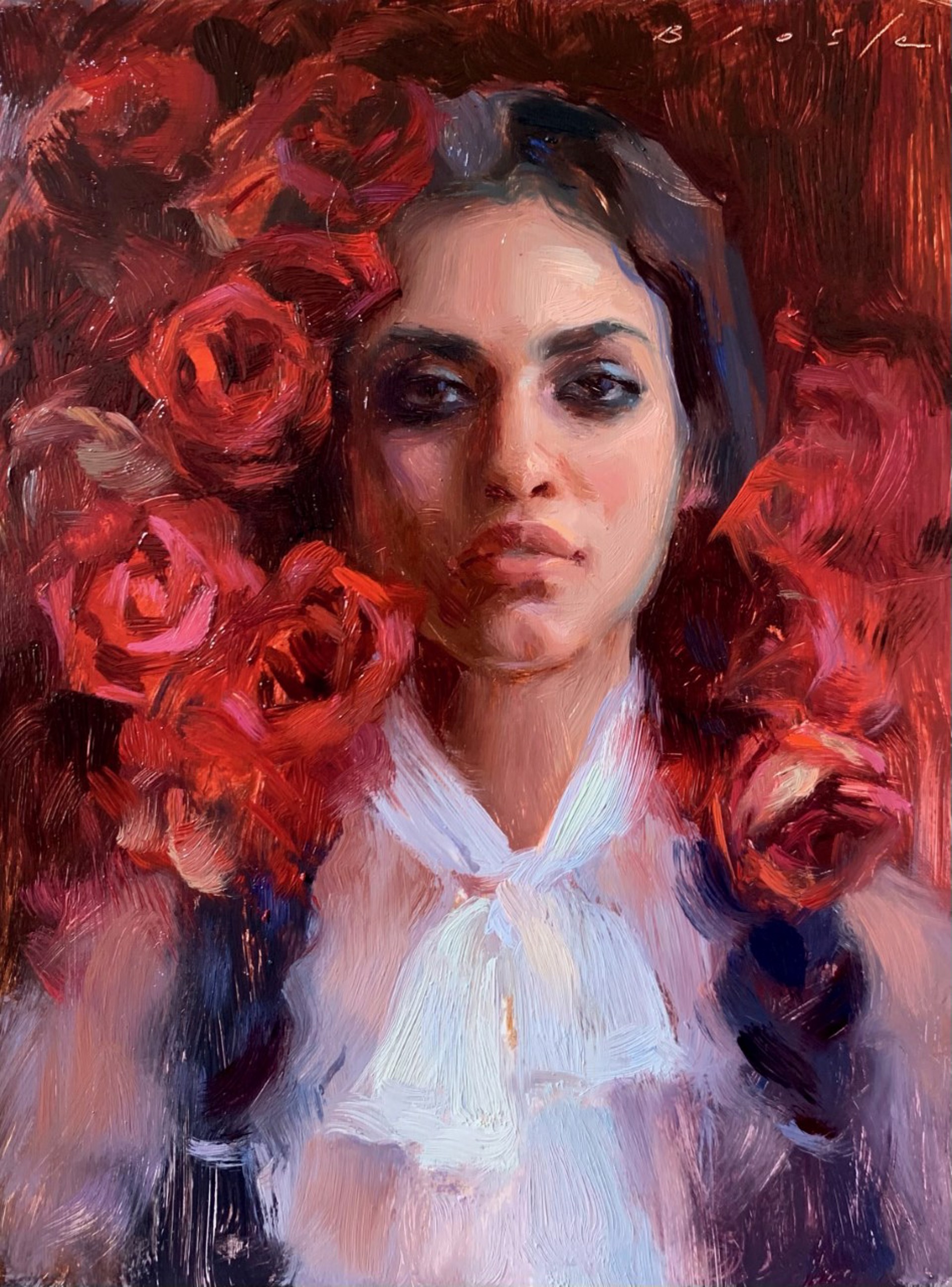 A painting of a woman with red roses in her hair.