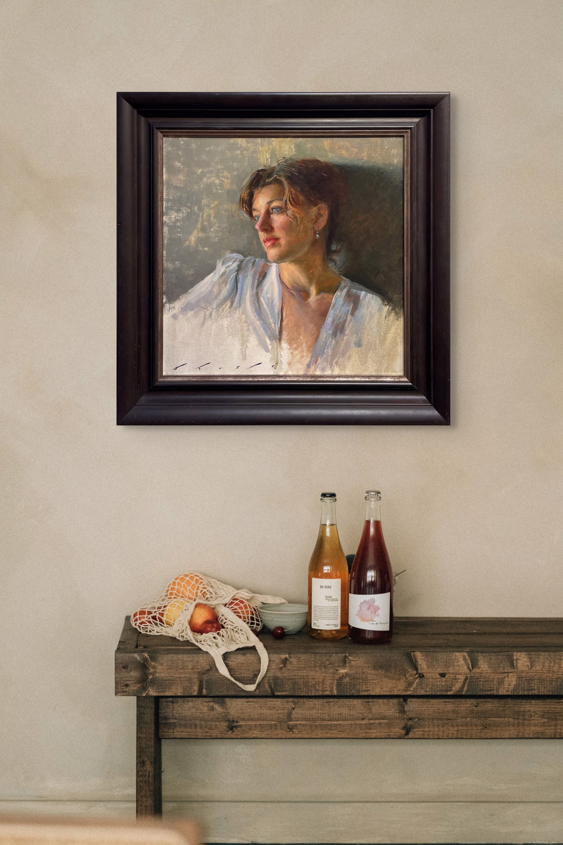 A soft-focus portrait of a person in a white blouse, rendered with loose brushwork and warm lighting.