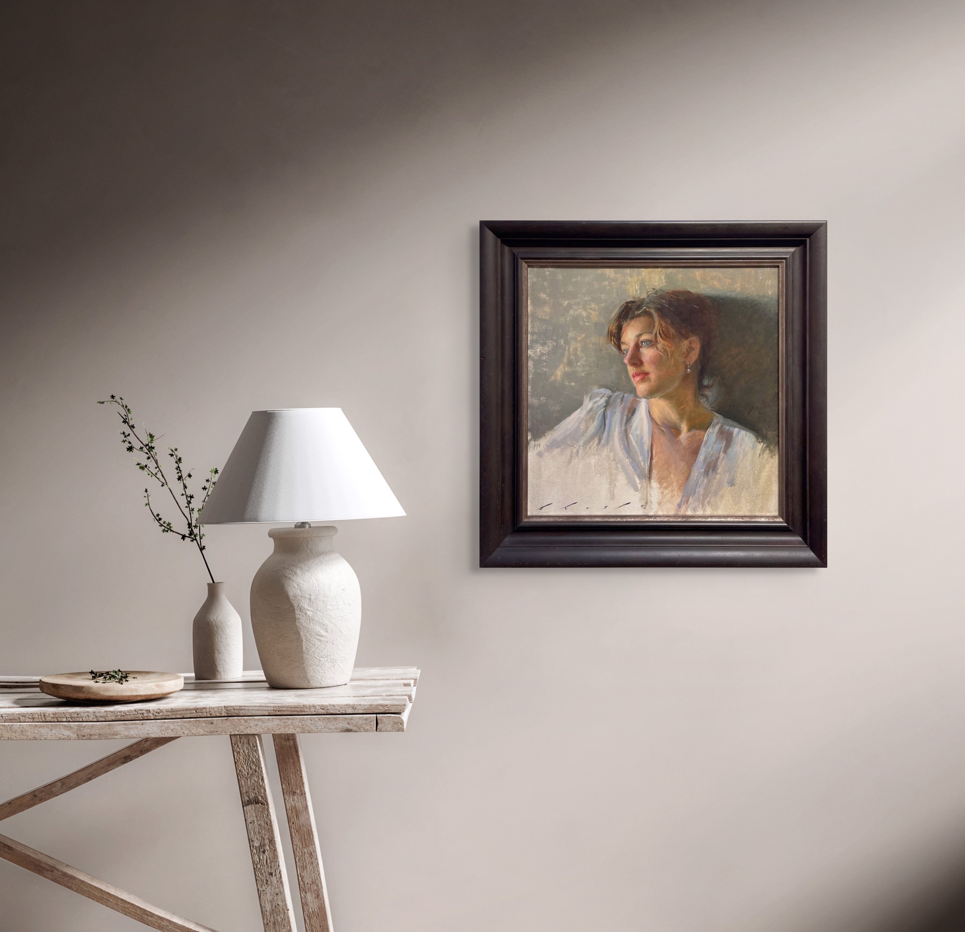 A soft-focus portrait of a person in a white blouse, rendered with loose brushwork and warm lighting.