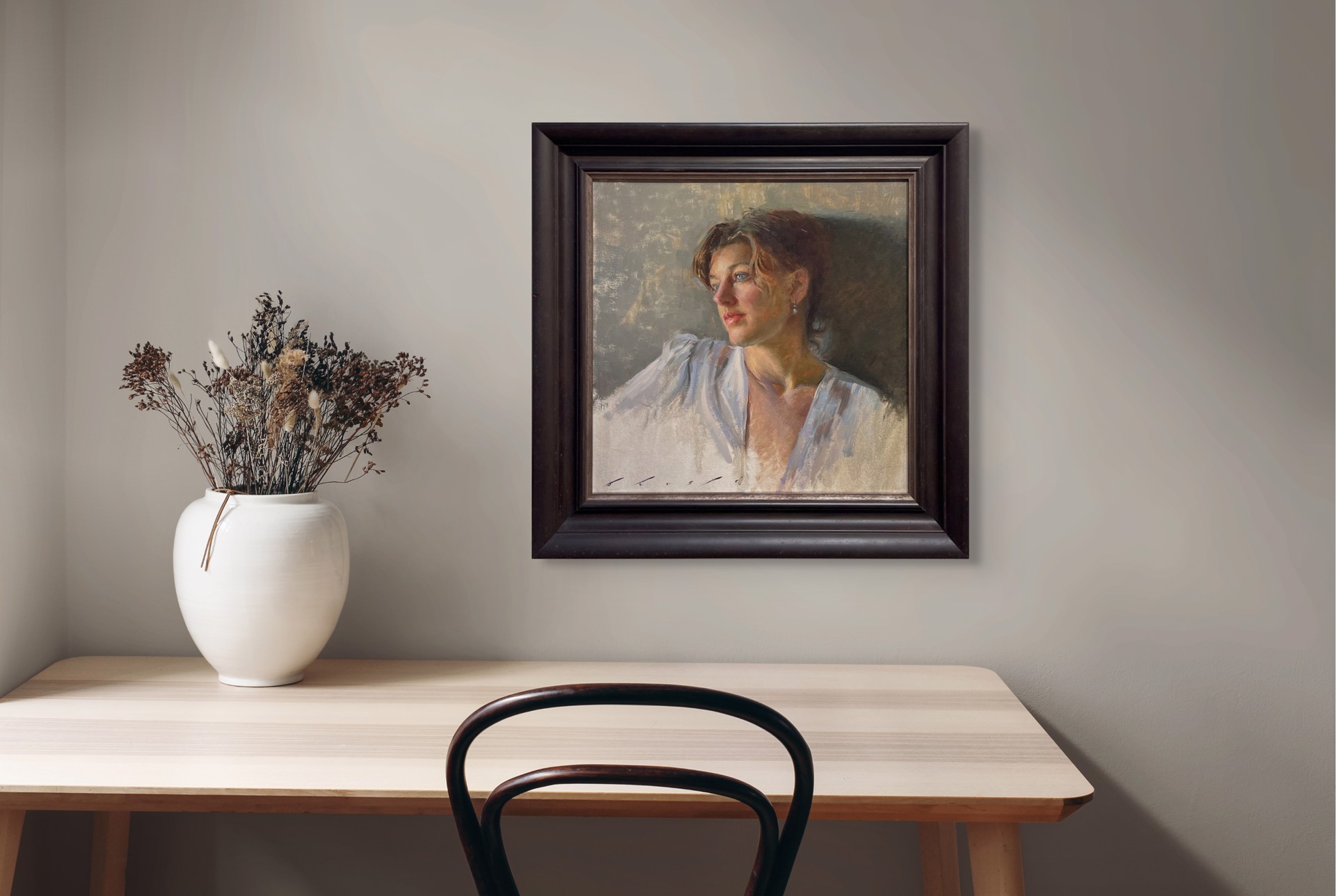 A soft-focus portrait of a person in a white blouse, rendered with loose brushwork and warm lighting.