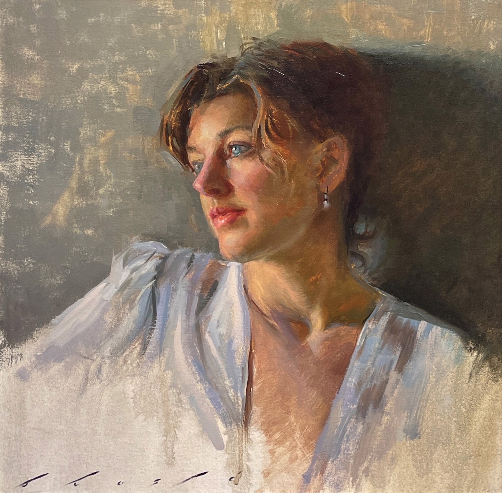 A soft-focus portrait of a person in a white blouse, rendered with loose brushwork and warm lighting.