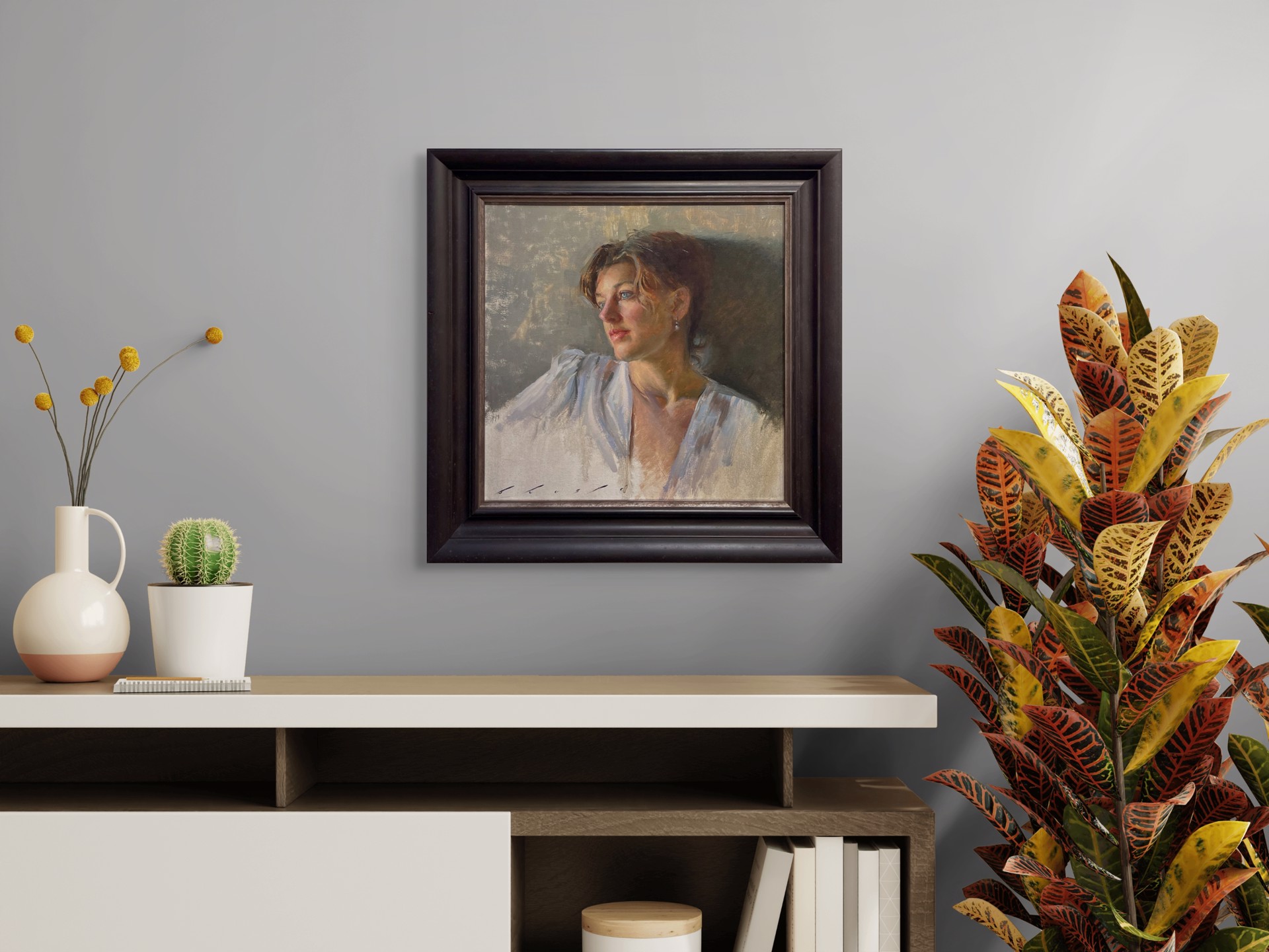 A soft-focus portrait of a person in a white blouse, rendered with loose brushwork and warm lighting.