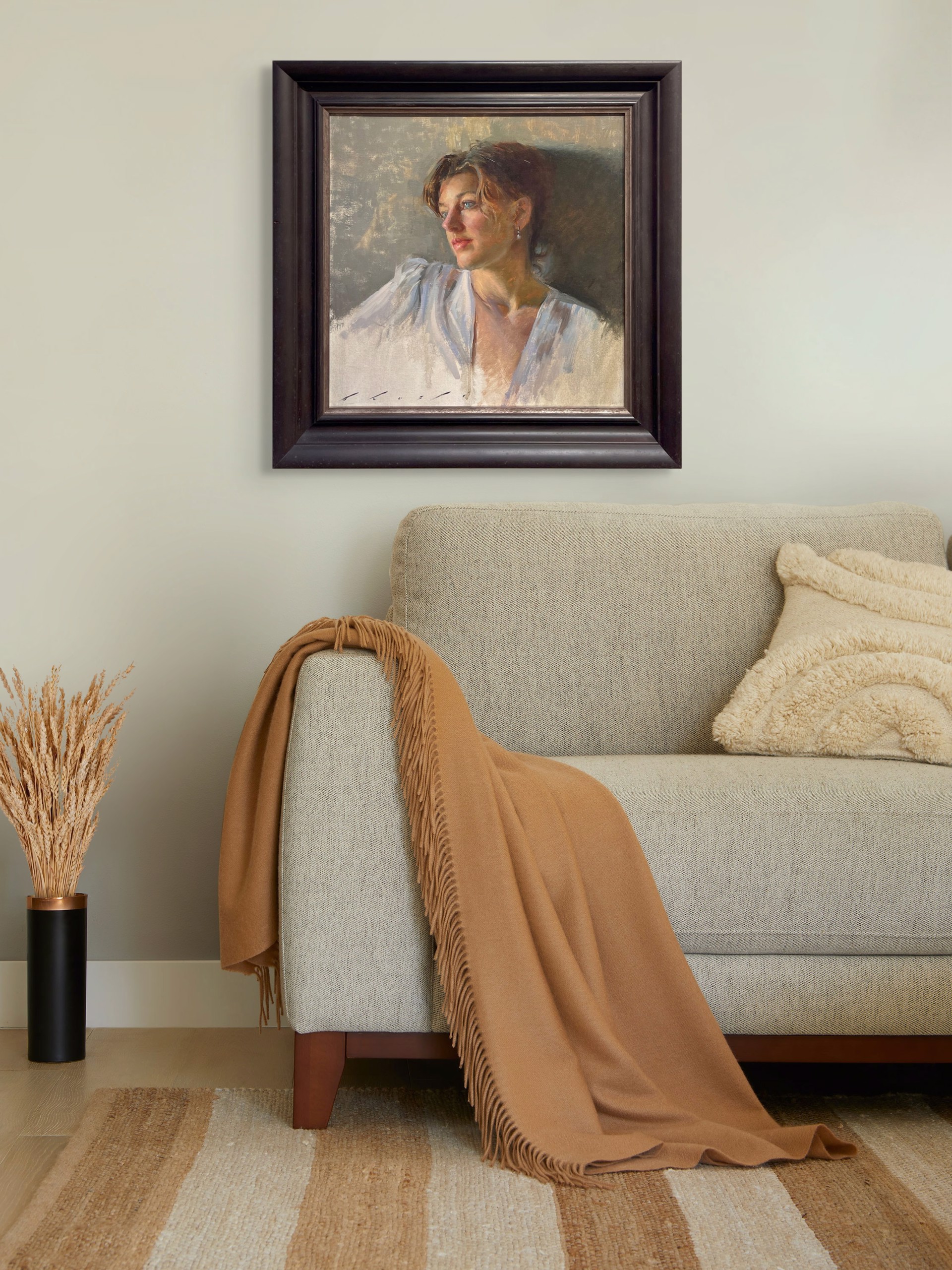 A soft-focus portrait of a person in a white blouse, rendered with loose brushwork and warm lighting.