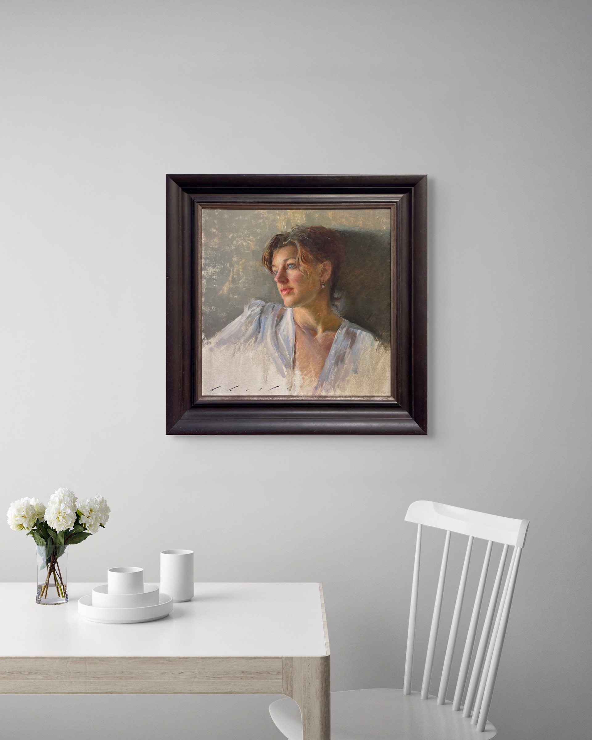 A soft-focus portrait of a person in a white blouse, rendered with loose brushwork and warm lighting.