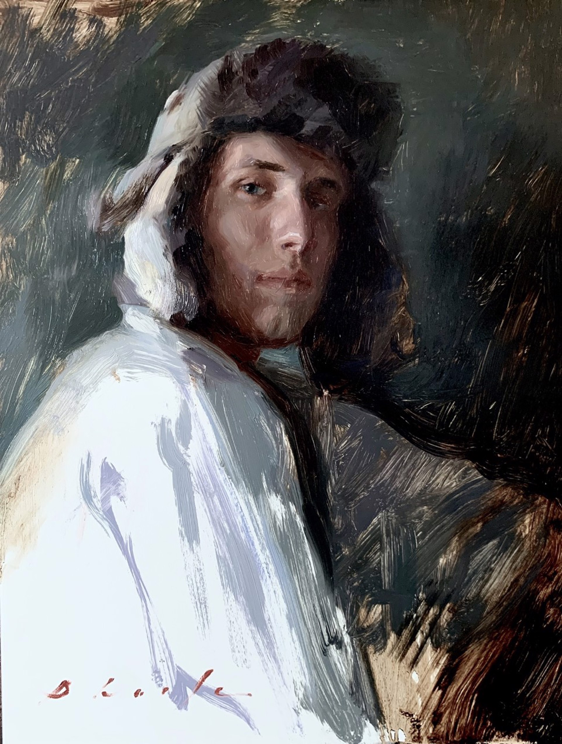 A painting of a man with long hair wearing a hat.