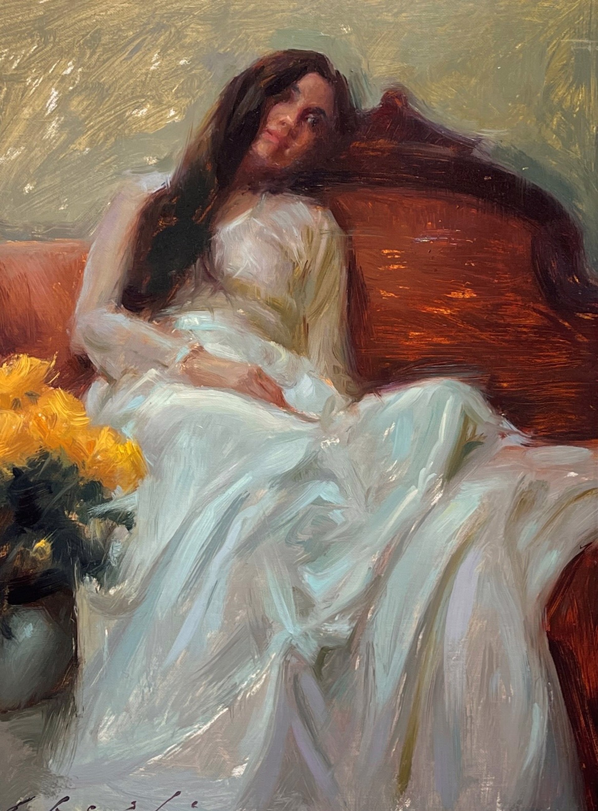 A painting of a woman sitting on a couch with a vase of flowers.