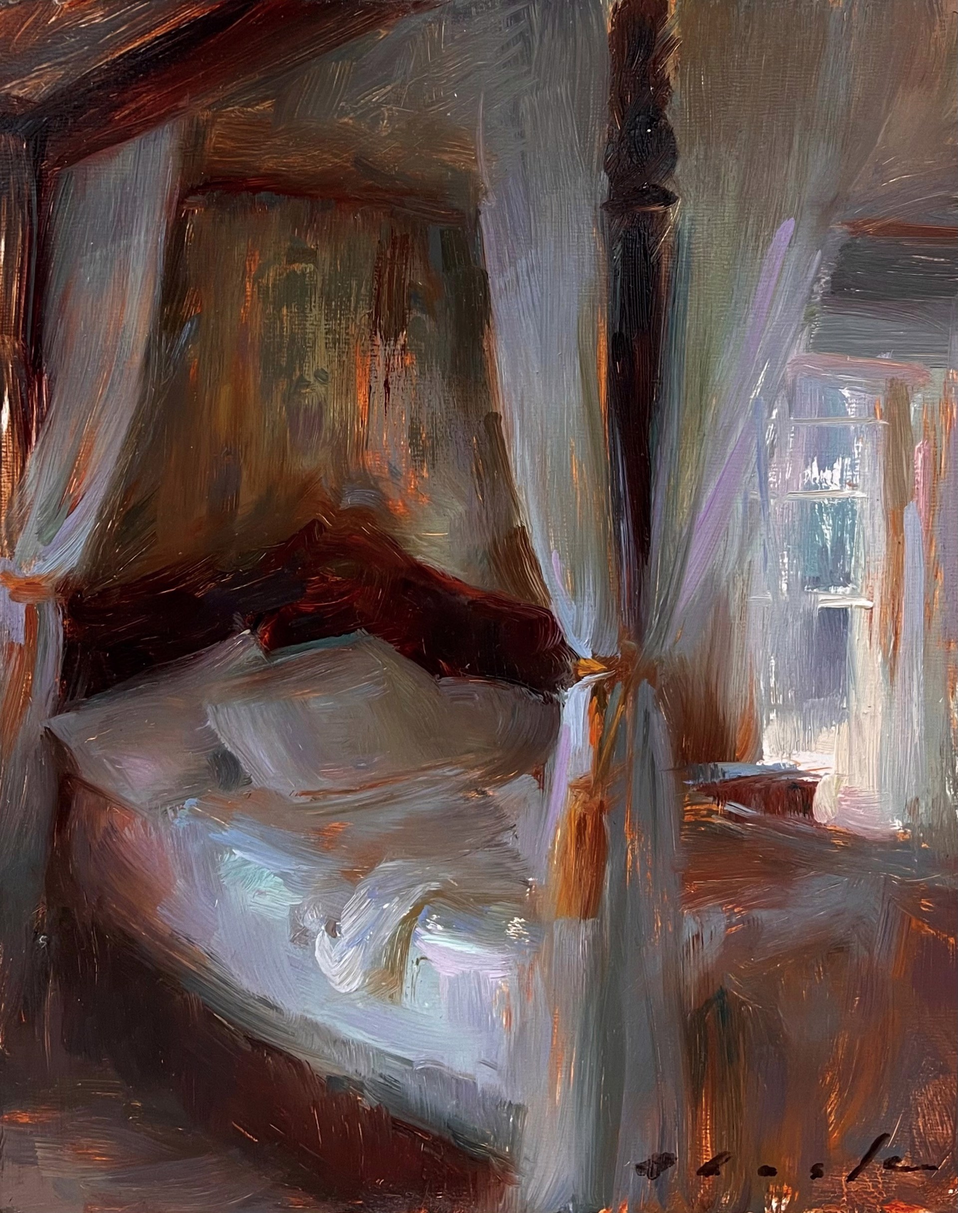 A cozy bedroom interior with a four-poster bed and soft natural light.