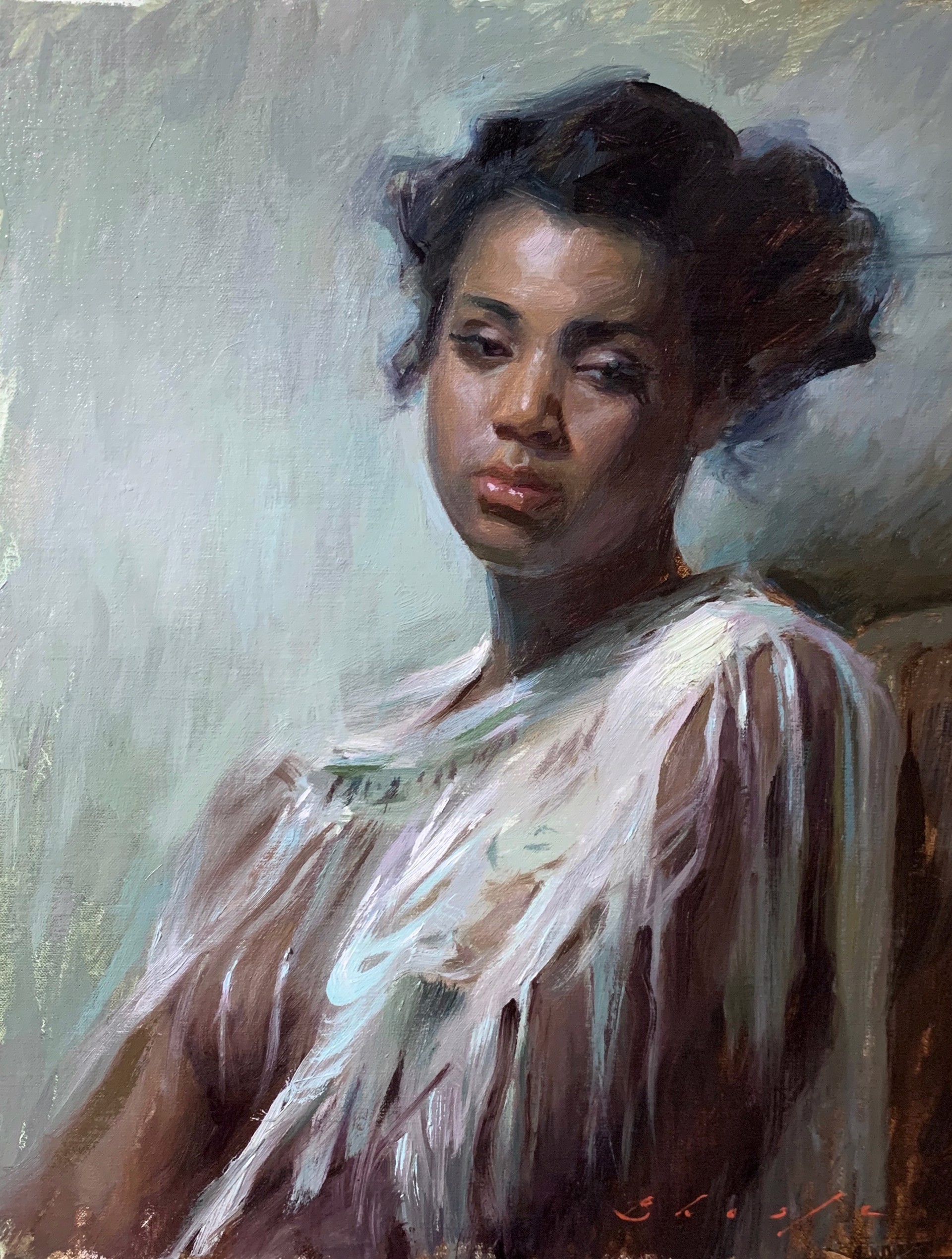 A painting of a woman in a white dress.