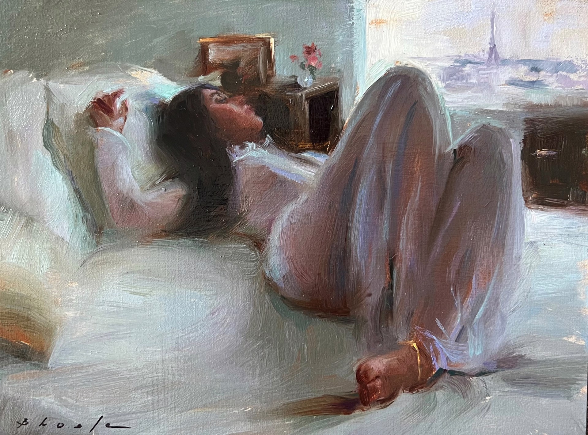 A painting of a woman laying on a bed.