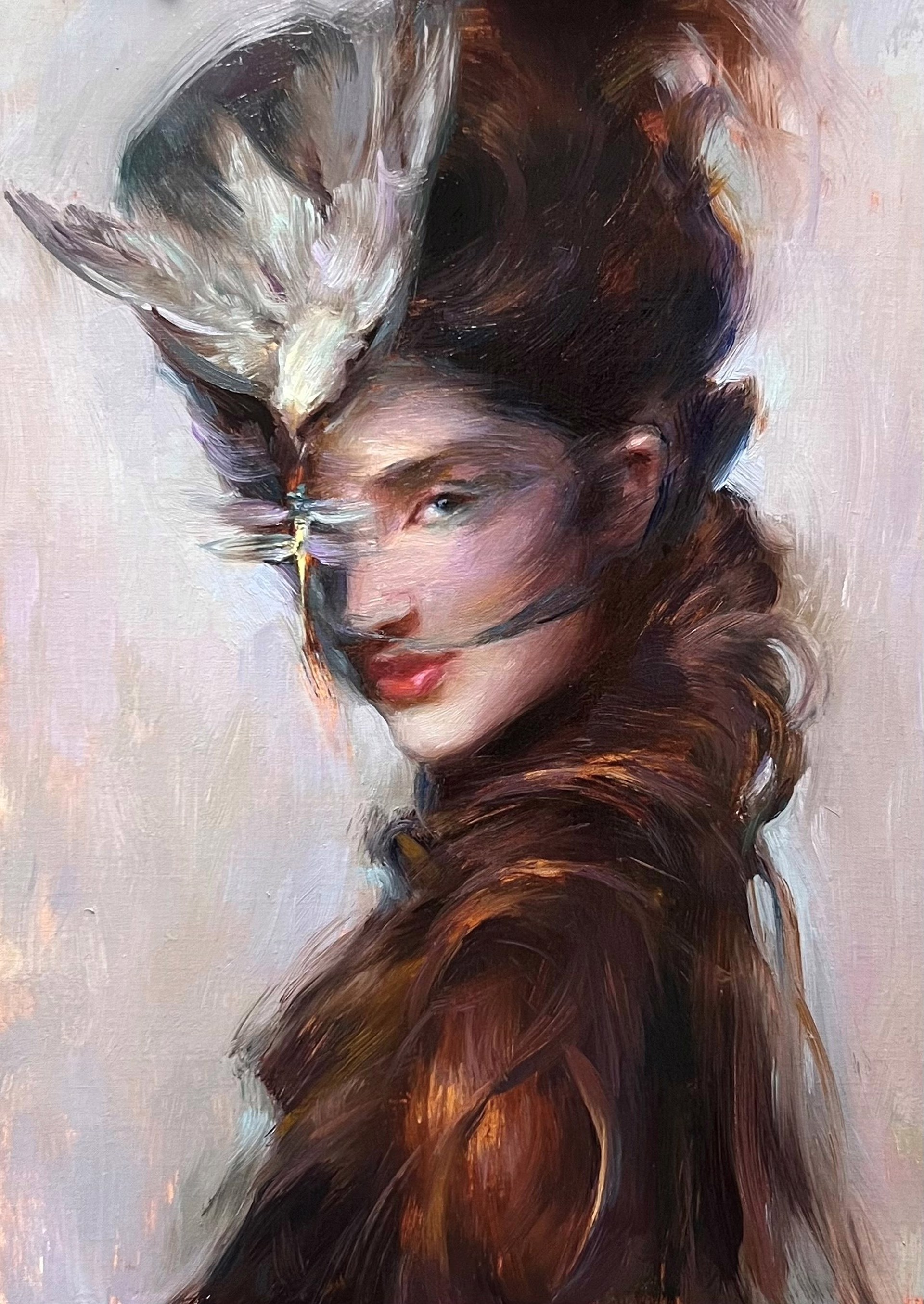 A painting of a woman with a feather in her hair.