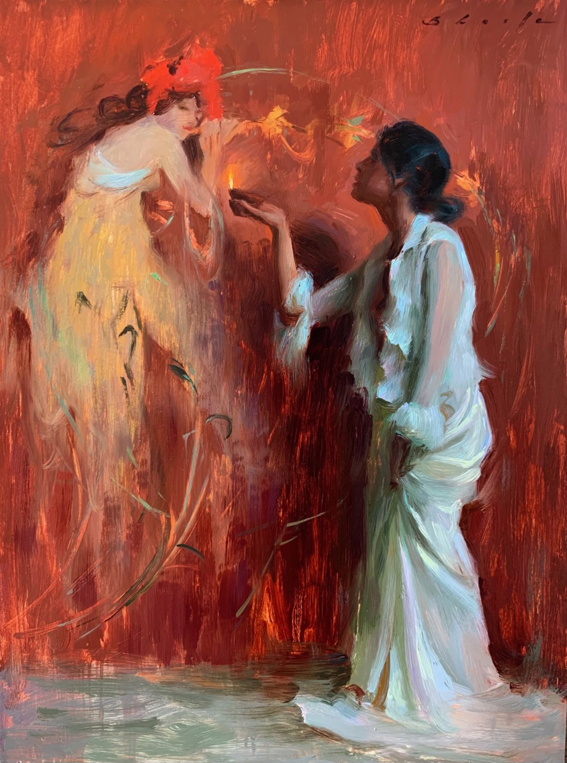 A painting of two women standing next to each other.