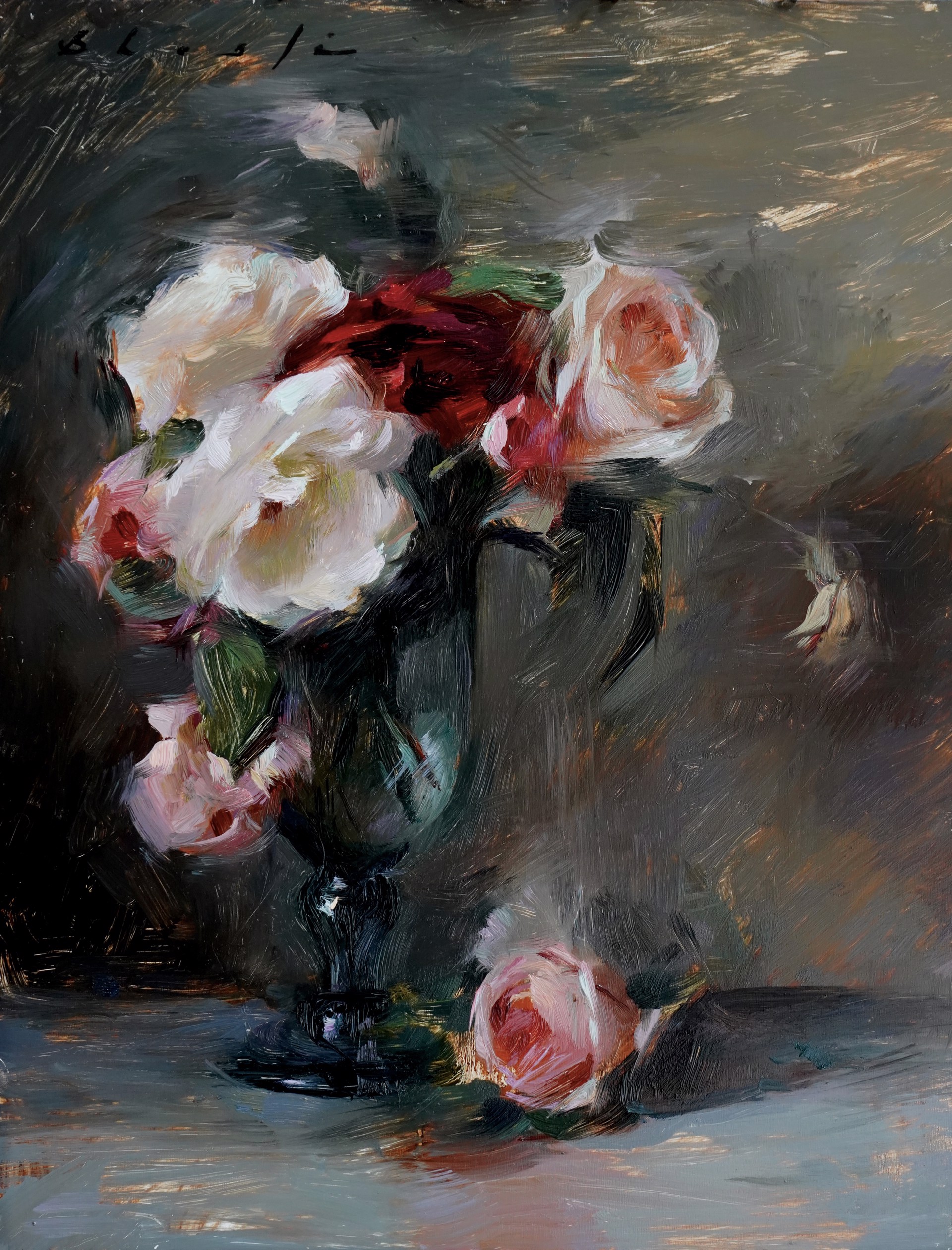 A still life painting of a bouquet of roses in a dark vase against a moody, textured background.