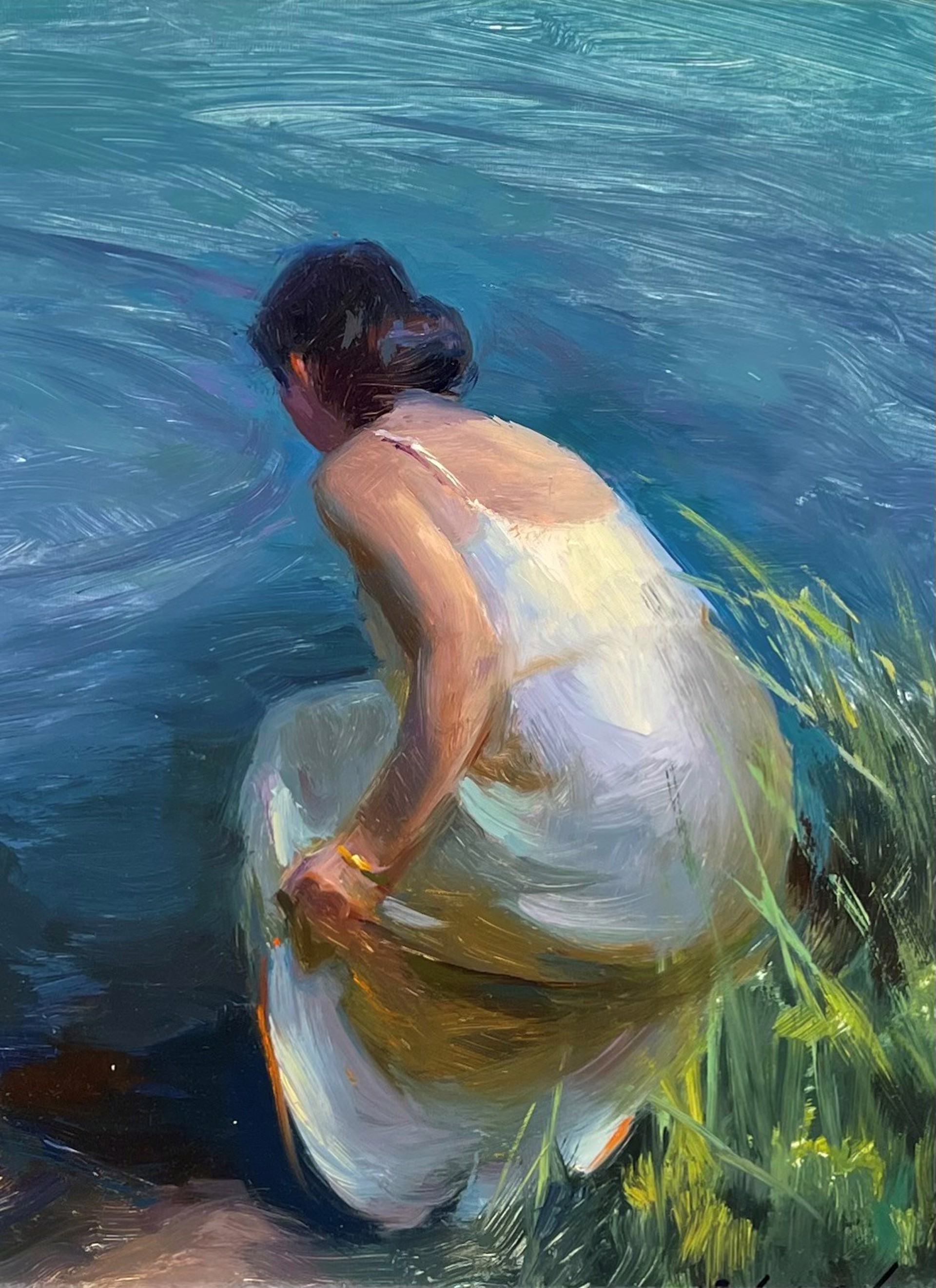 A painting of a woman sitting on the shore of a lake.