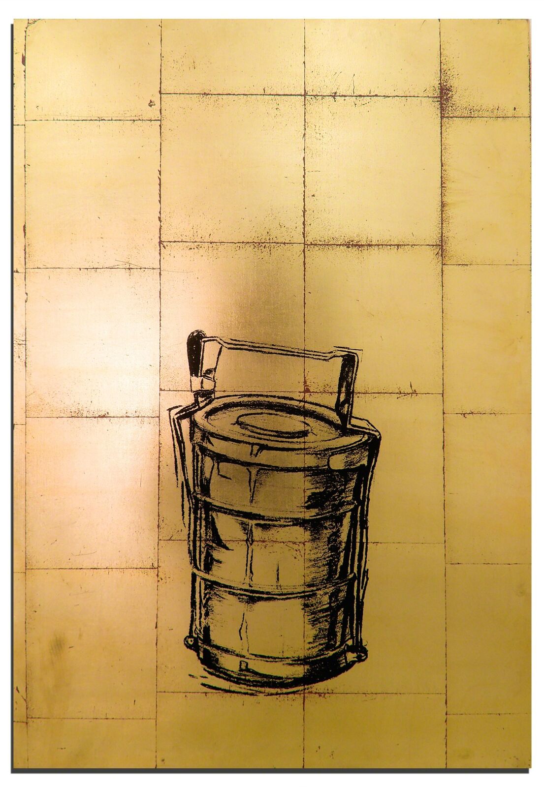 A black ink drawing of a bucket on a tiled golden background.