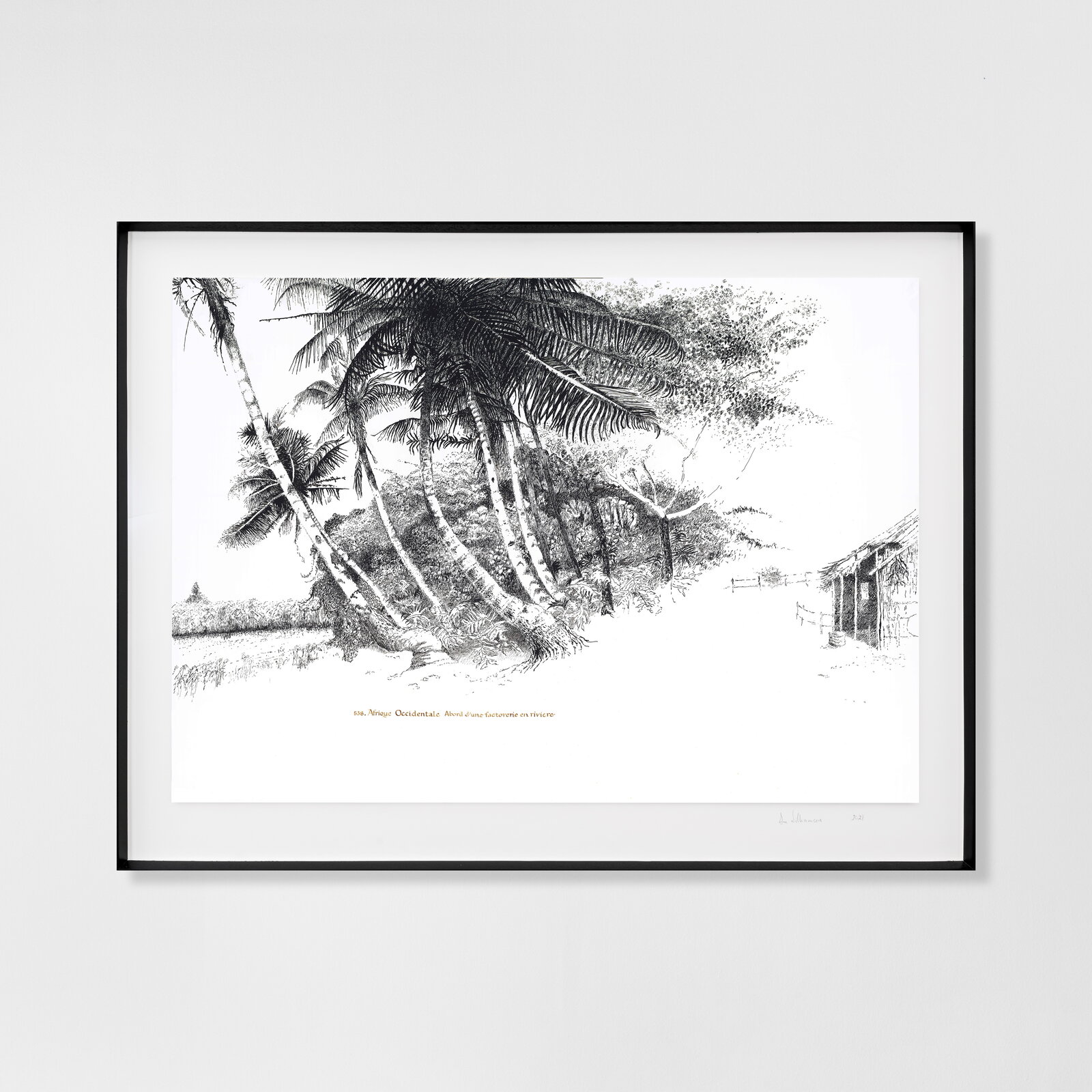 Artwork by Sue Williamson, Postcards from Africa: Factory by the river. West Africa, Made of Ink on Yupo synthetic archival paper, museum glass 