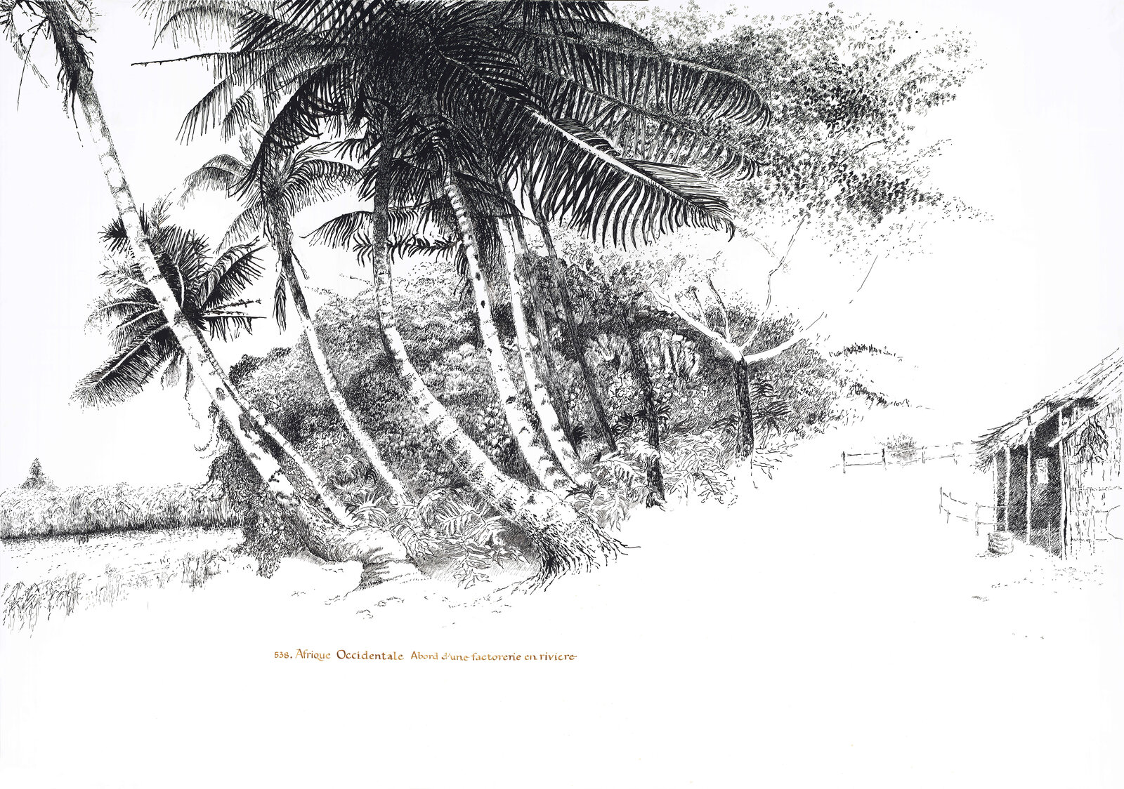 Artwork by Sue Williamson, Postcards from Africa: Factory by the river. West Africa, Made of Ink on Yupo synthetic archival paper, museum glass 