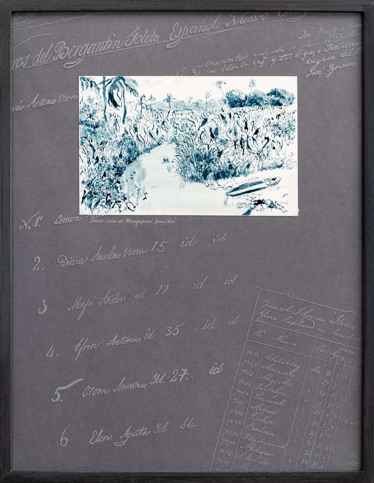 A black and white drawing of a river in a field.