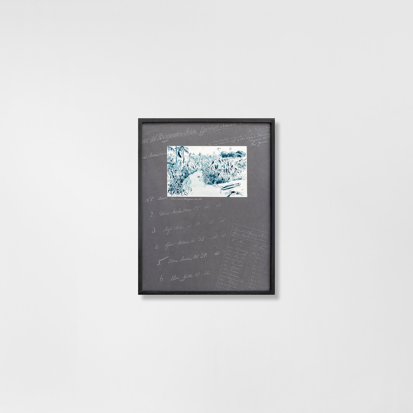 A black and white drawing of a river in a field.