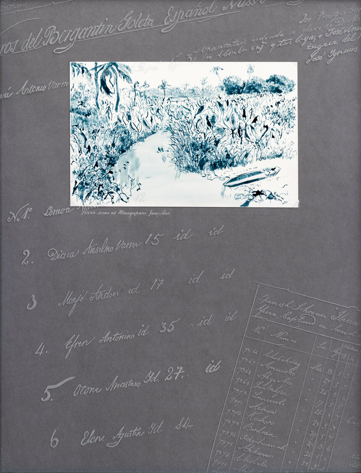 A black and white drawing of a river in a field.