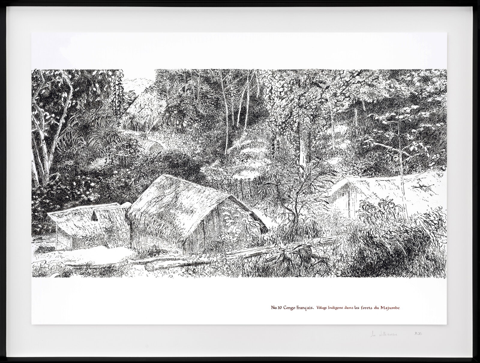 A black and white drawing of a house in the woods.