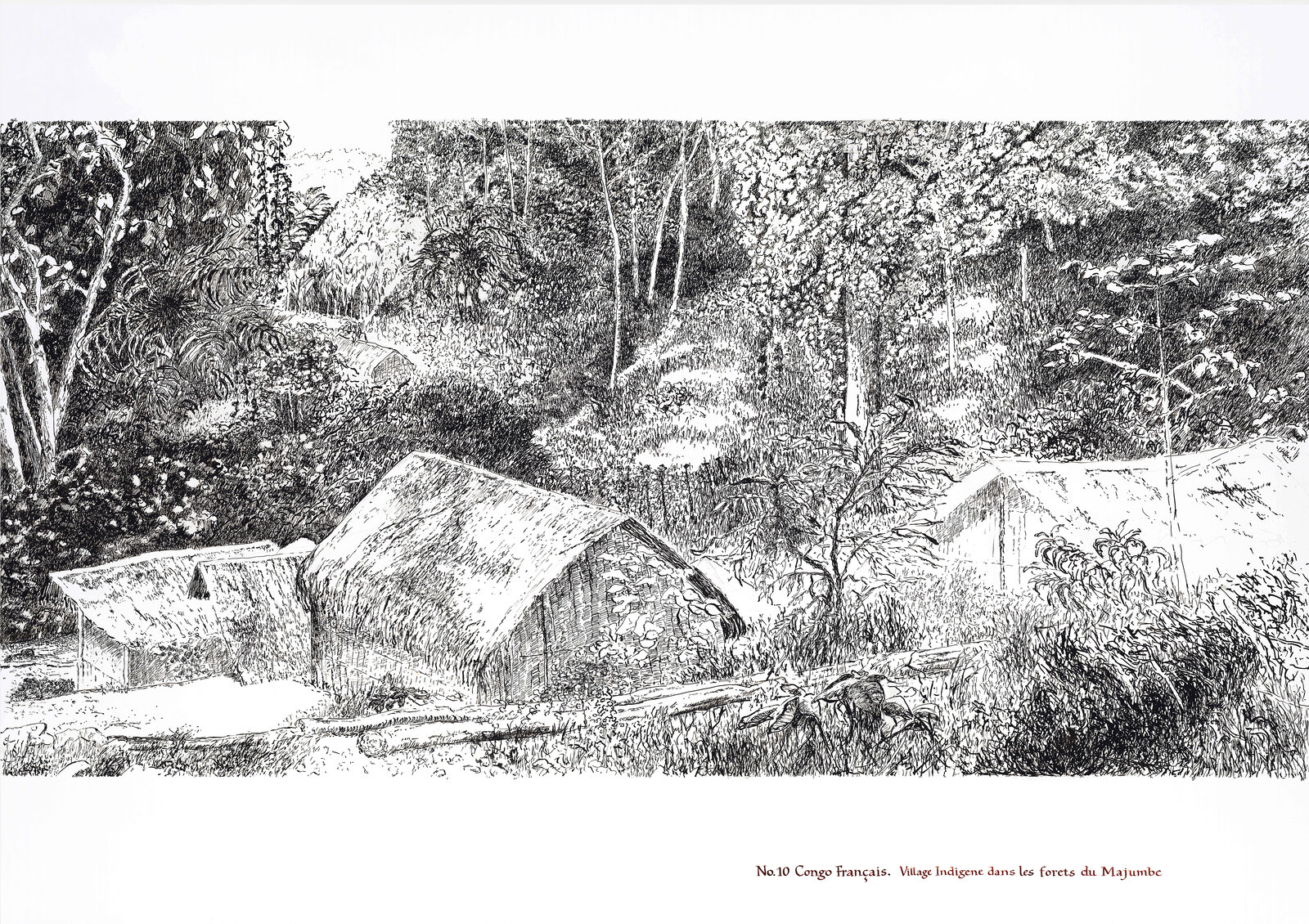 A black and white drawing of a house in the woods.
