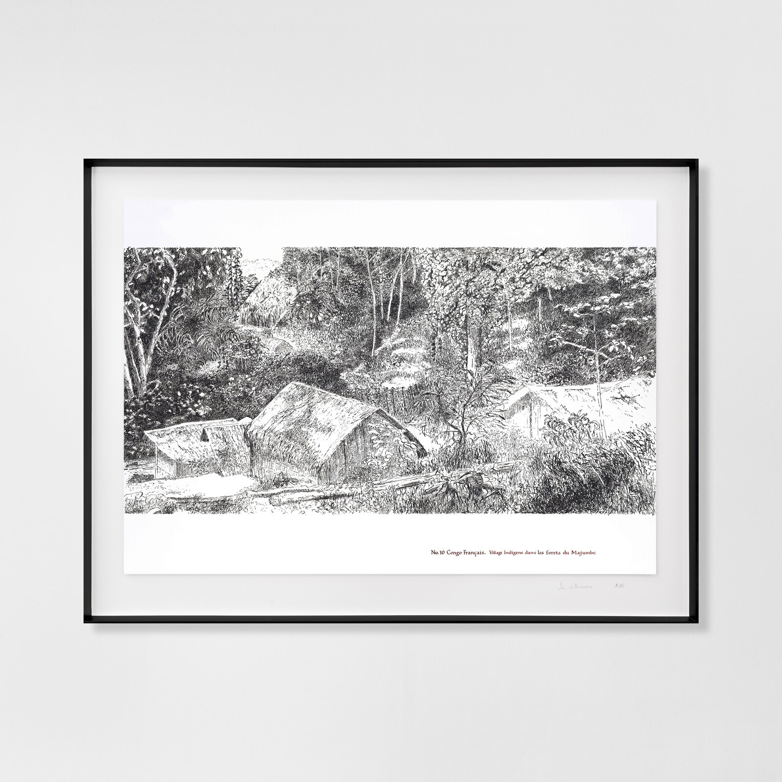 A black and white drawing of a house in the woods.