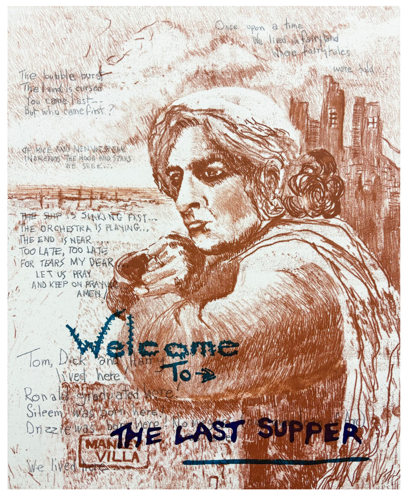 A drawing of a woman holding a cup of coffee.