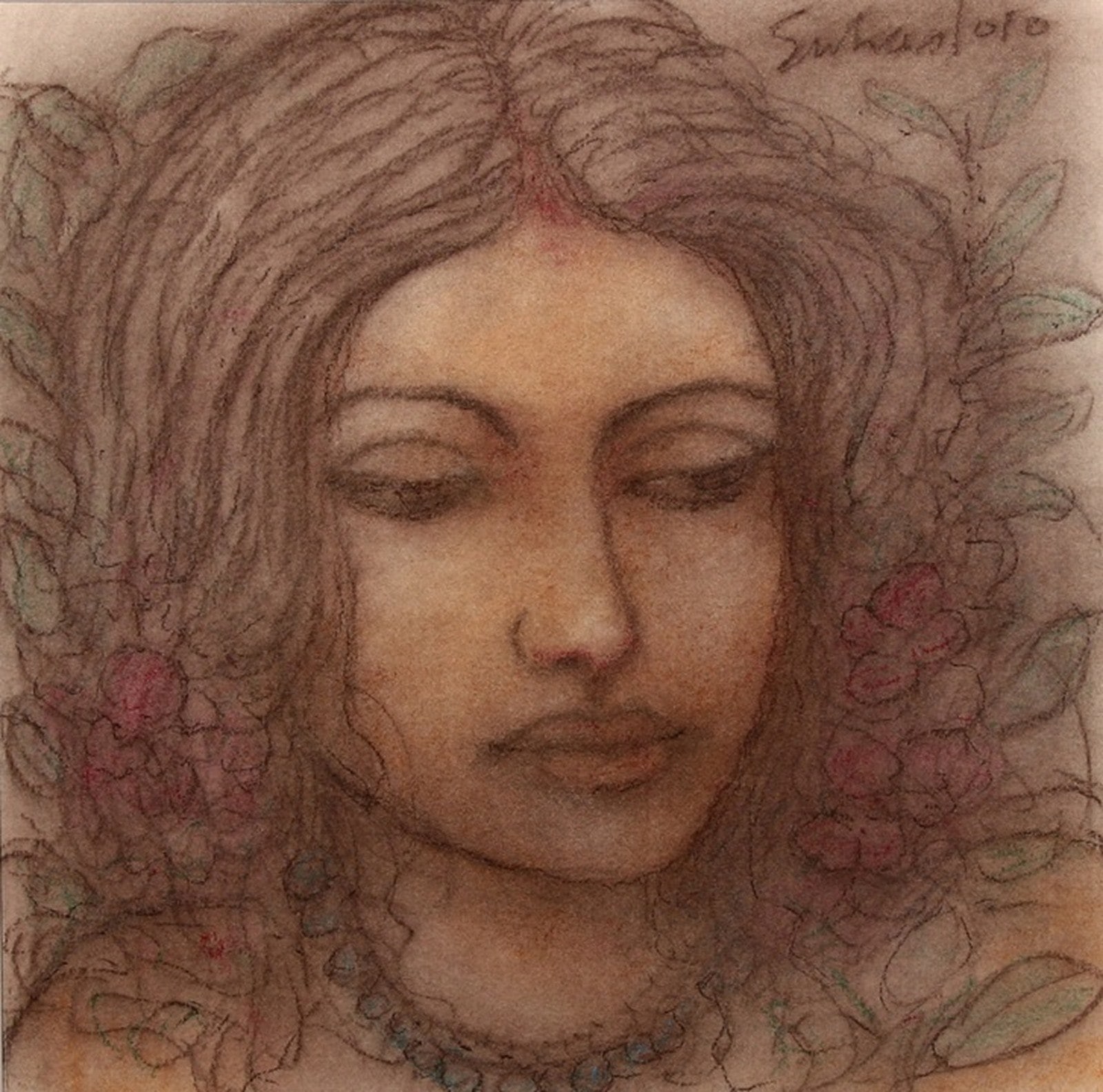 A drawing of a woman with her eyes closed and her hair blowing in the wind.