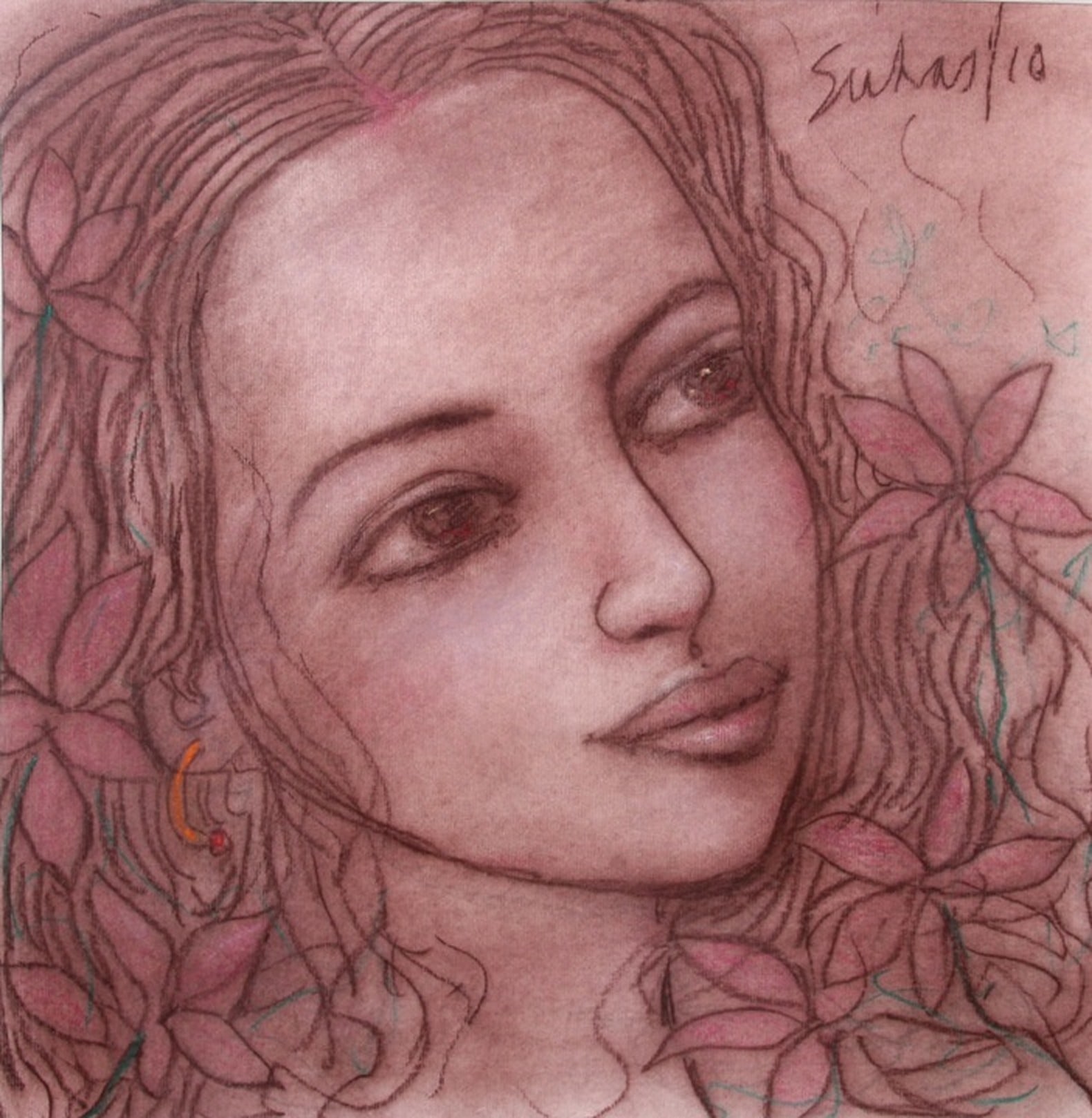 A drawing of a woman with flowers in her hair.
