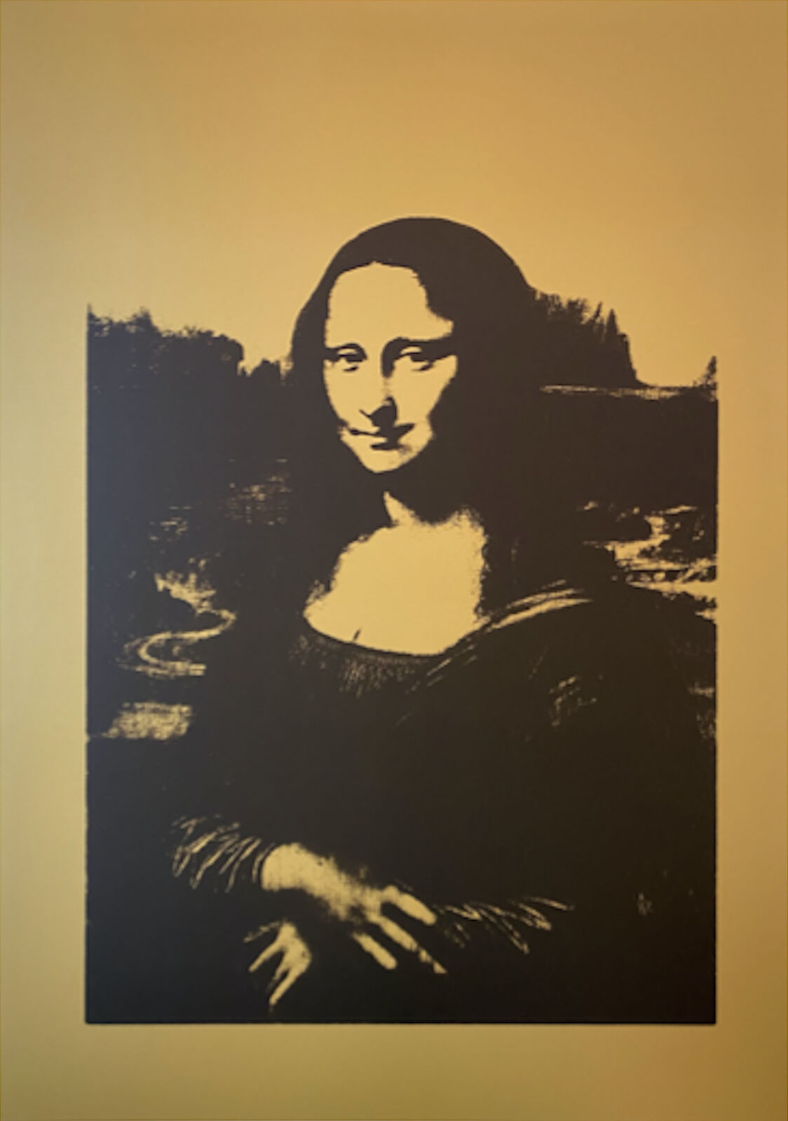 A black and white image of a mona lisa painting on a wall.